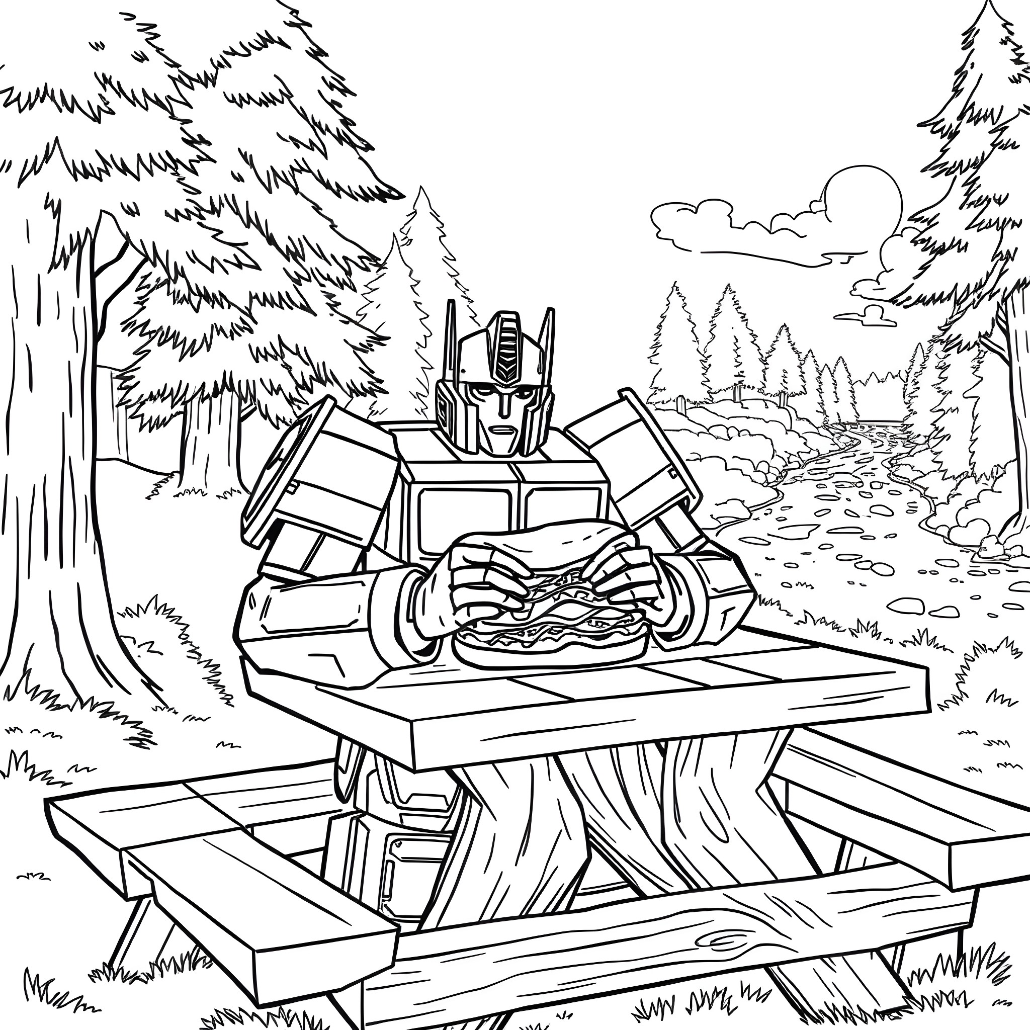 Optimus Prime enjoying a picnic in the forest Coloring Page (free black-and-white line drawing printable PDF for all, from beginners to advanced learners, including children, teens, adults, and seniors)