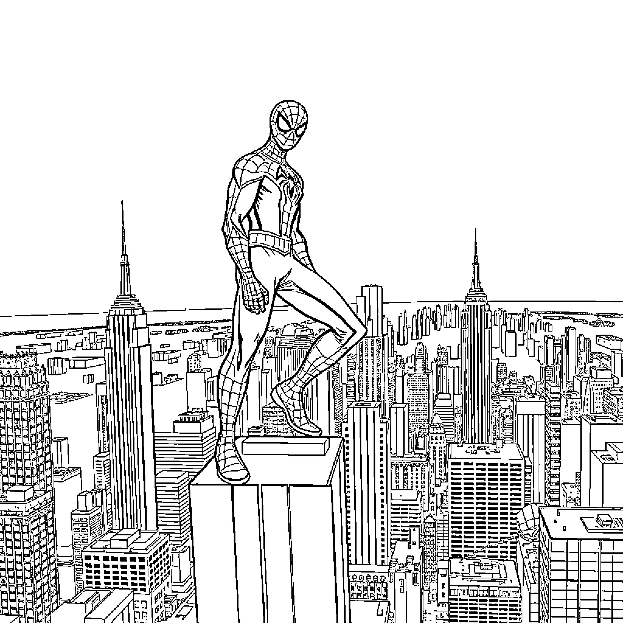 Spiderman swinging above the bustling city skyline Coloring Page (free black-and-white line drawing printable PDF for all, from beginners to advanced learners, including children, teens, adults, and seniors)