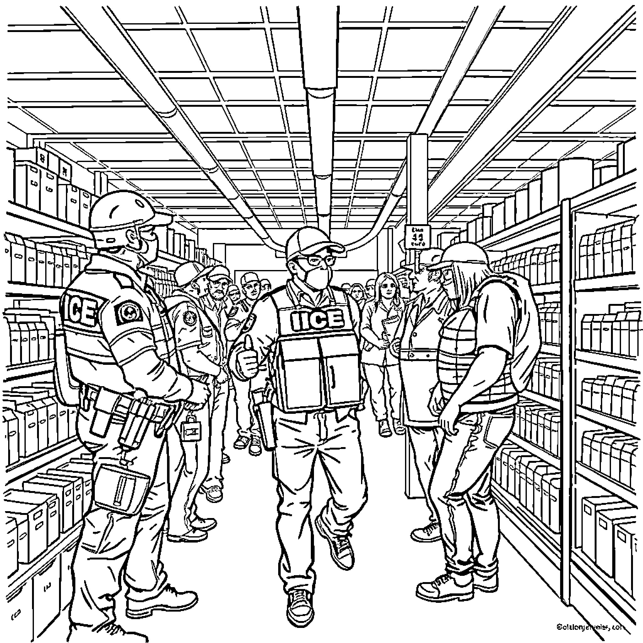 Ice Agent Inspecting Storefront with Crew Coloring Page (free black-and-white line drawing printable PDF for all, from beginners to advanced learners, including children, teens, adults, and seniors)
