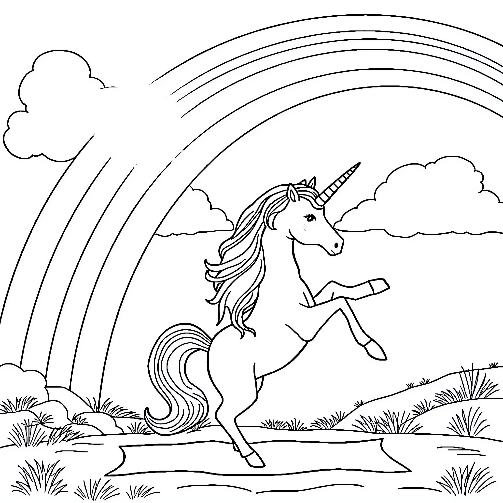 Unicorn galloping joyfully through a rainbow-filled sky Coloring Page (free black-and-white line drawing printable PDF for all, from beginners to advanced learners, including children, teens, adults, and seniors)