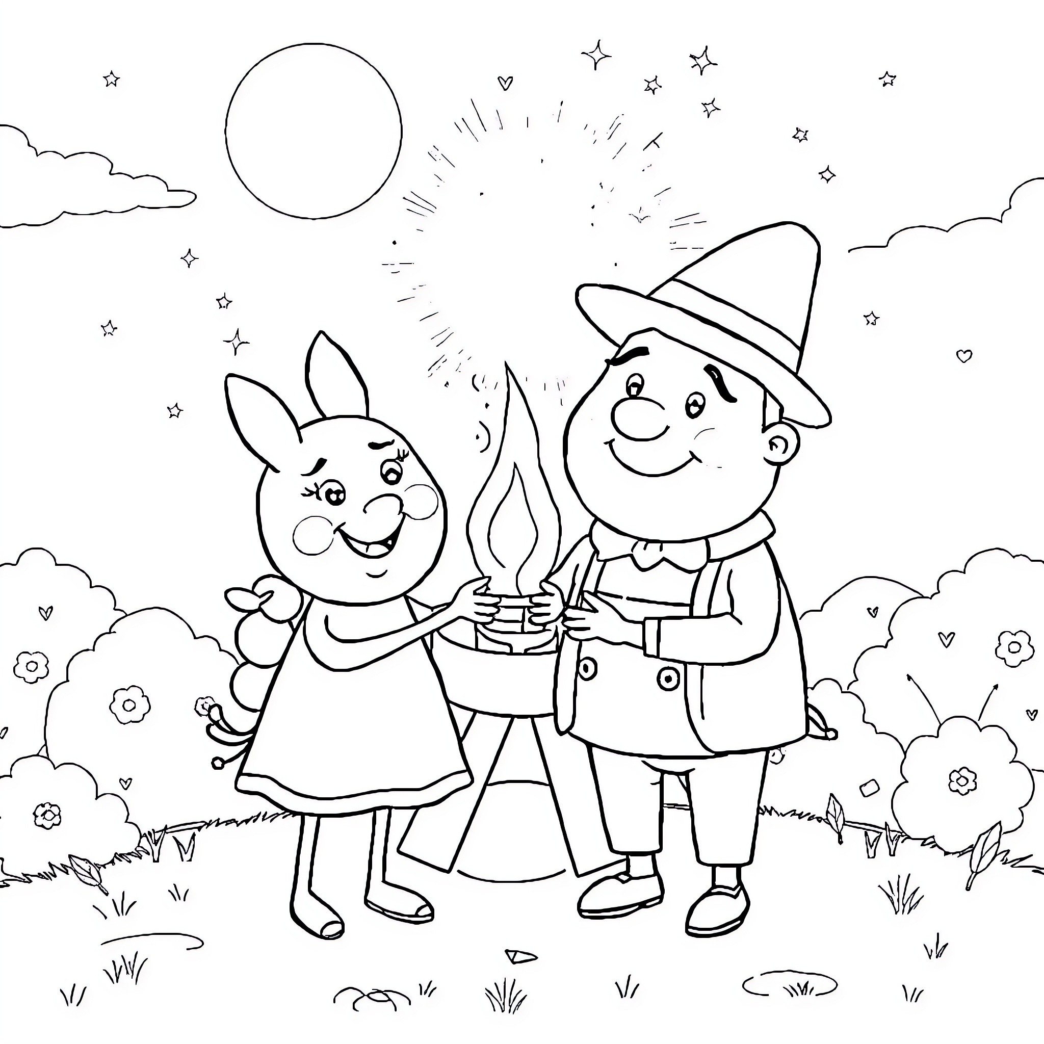Peppa Wutz celebrating with Fireworks in Meadow Coloring Page (free black-and-white line drawing printable PDF for all, from beginners to advanced learners, including children, teens, adults, and seniors)