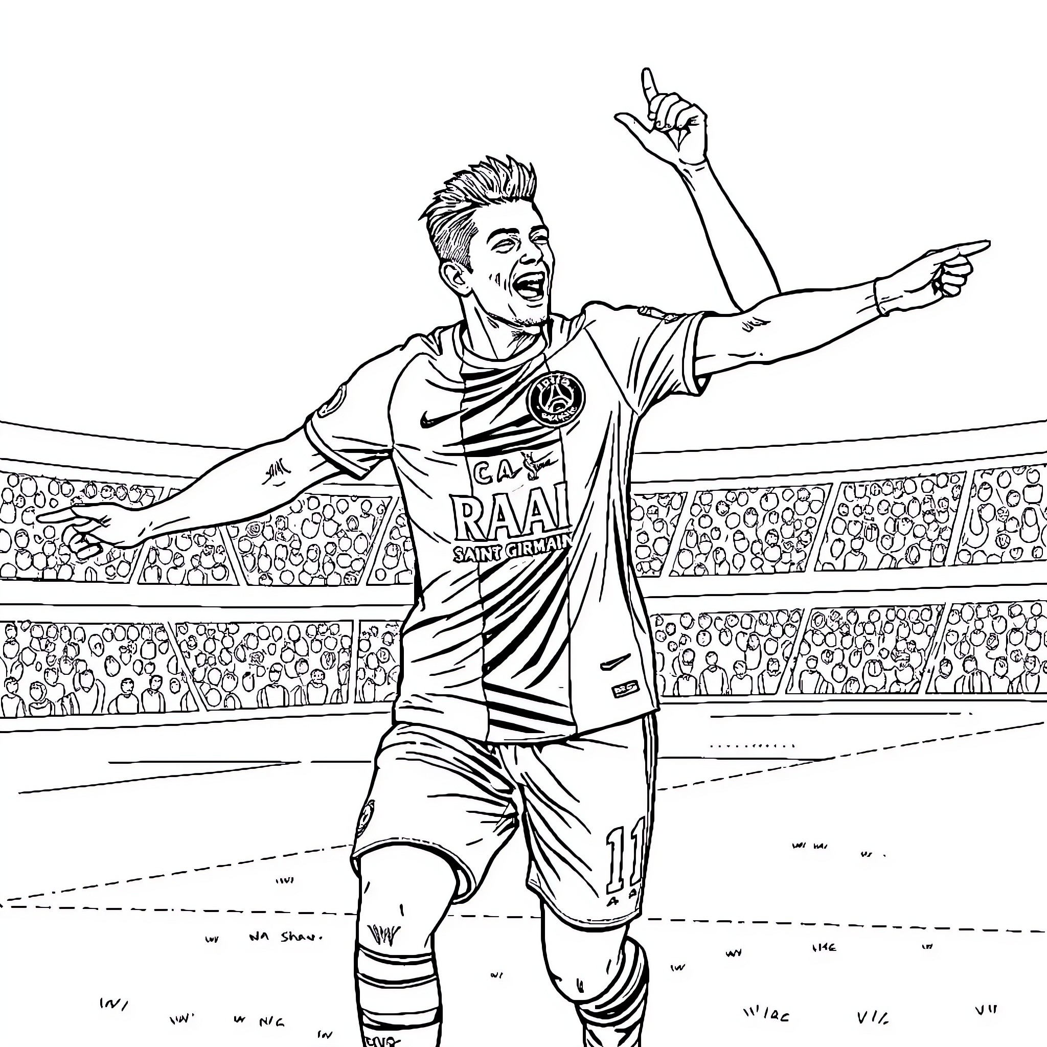 Raï Player Celebrates Victory on the Field Coloring Page (free black-and-white line drawing printable PDF for all, from beginners to advanced learners, including children, teens, adults, and seniors)