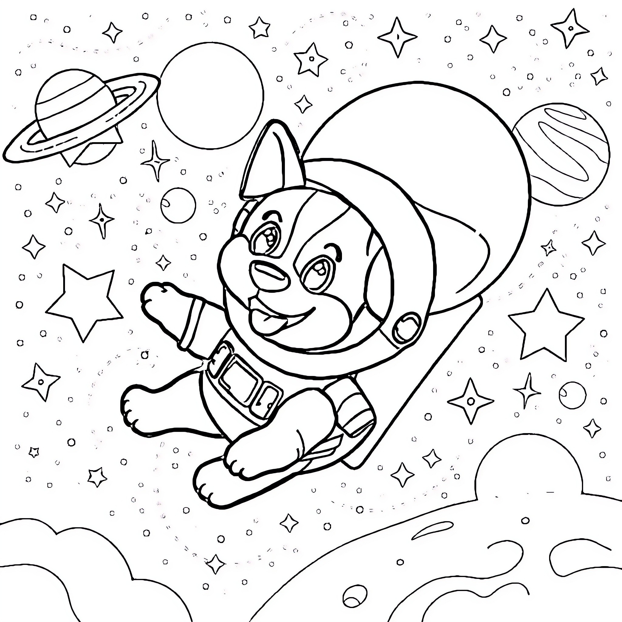 Dog Astronaut Exploring the Cosmic Space Coloring Page (free black-and-white line drawing printable PDF for all, from beginners to advanced learners, including children, teens, adults, and seniors)