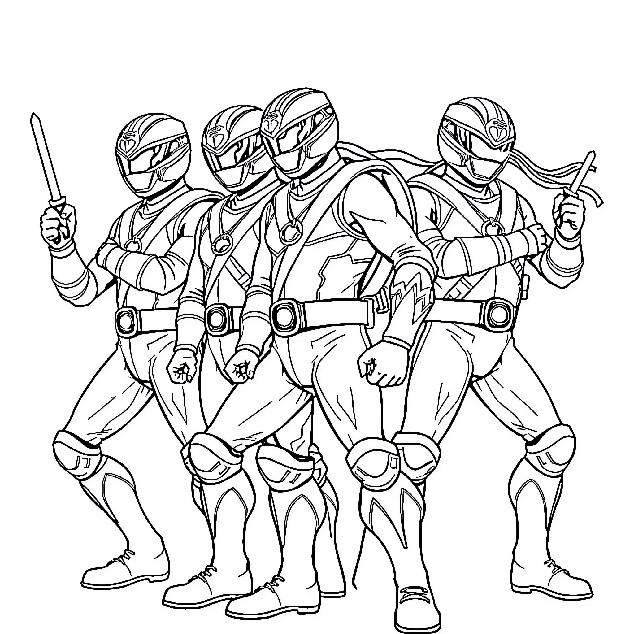 Power Ranger Team Posing with Weapons Coloring Page (free black-and-white line drawing printable PDF for all, from beginners to advanced learners, including children, teens, adults, and seniors)
