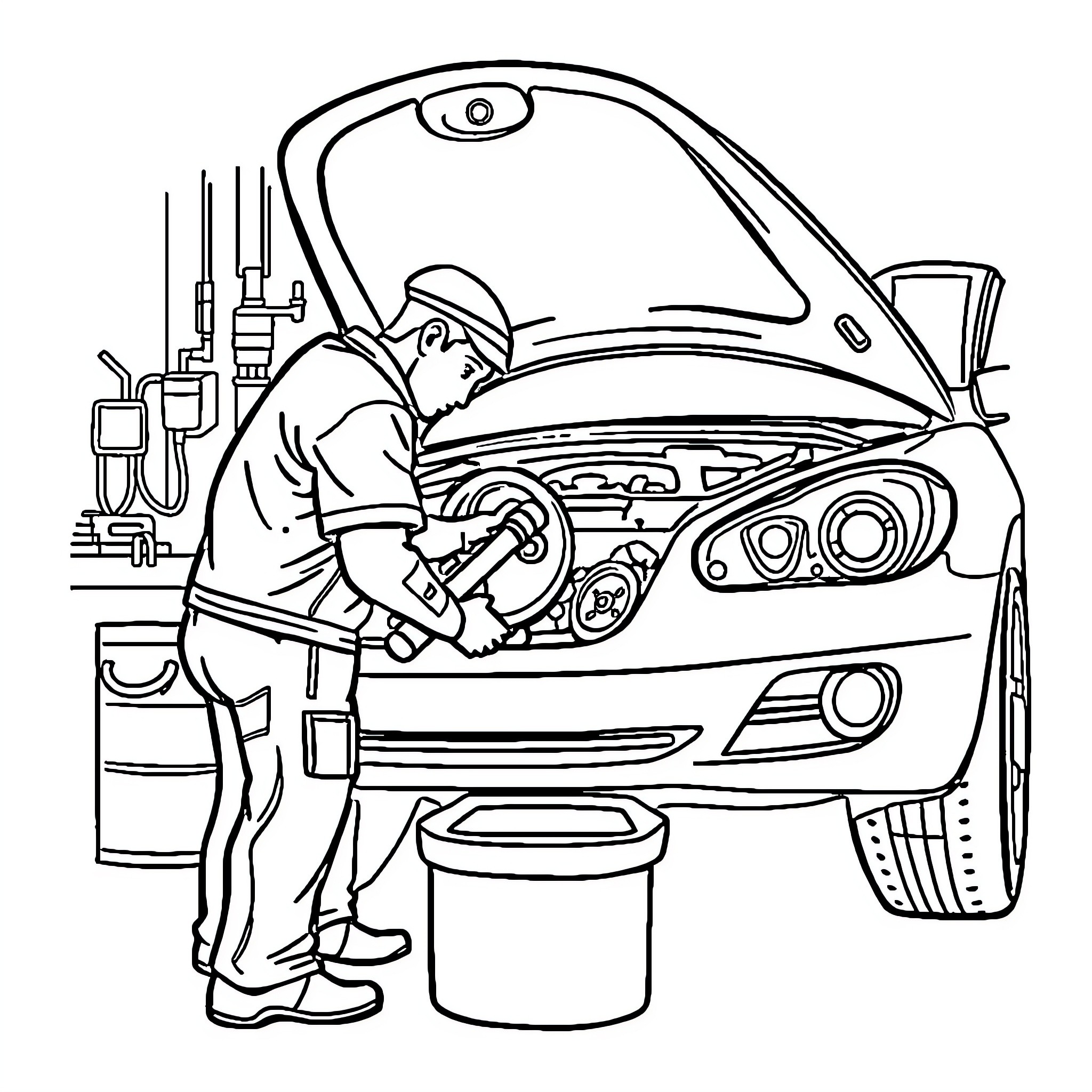 Auto Technician Repairing Vehicle in Workshop Coloring Page (free black-and-white line drawing printable PDF for all, from beginners to advanced learners, including children, teens, adults, and seniors)