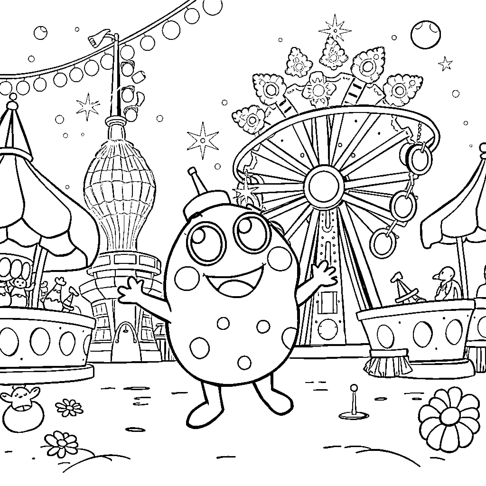 Keroppi enjoying a festive carnival scene Coloring Page (free black-and-white line drawing printable PDF for all, from beginners to advanced learners, including children, teens, adults, and seniors)