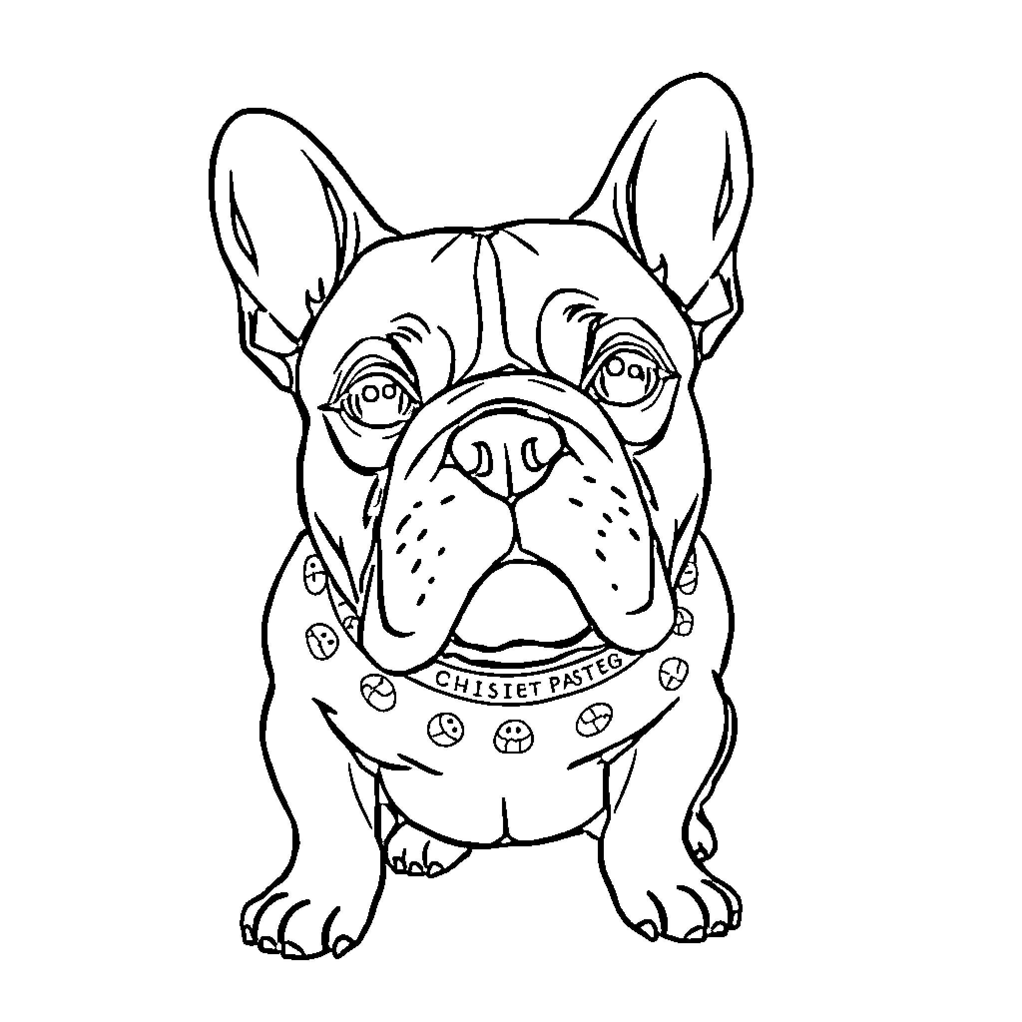 English Bulldog with silly expression and collar Coloring Page (free black-and-white line drawing printable PDF for all, from beginners to advanced learners, including children, teens, adults, and seniors)