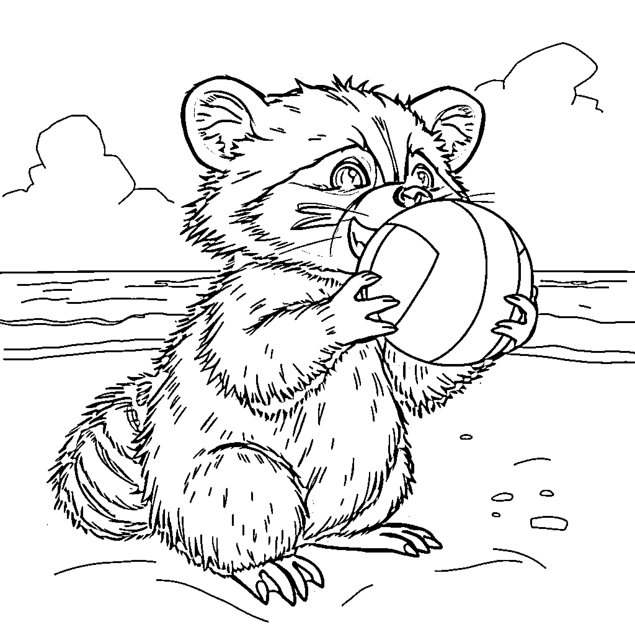 Raccoon holding a magnifying glass on the beach Coloring Page (free black-and-white line drawing printable PDF for all, from beginners to advanced learners, including children, teens, adults, and seniors)