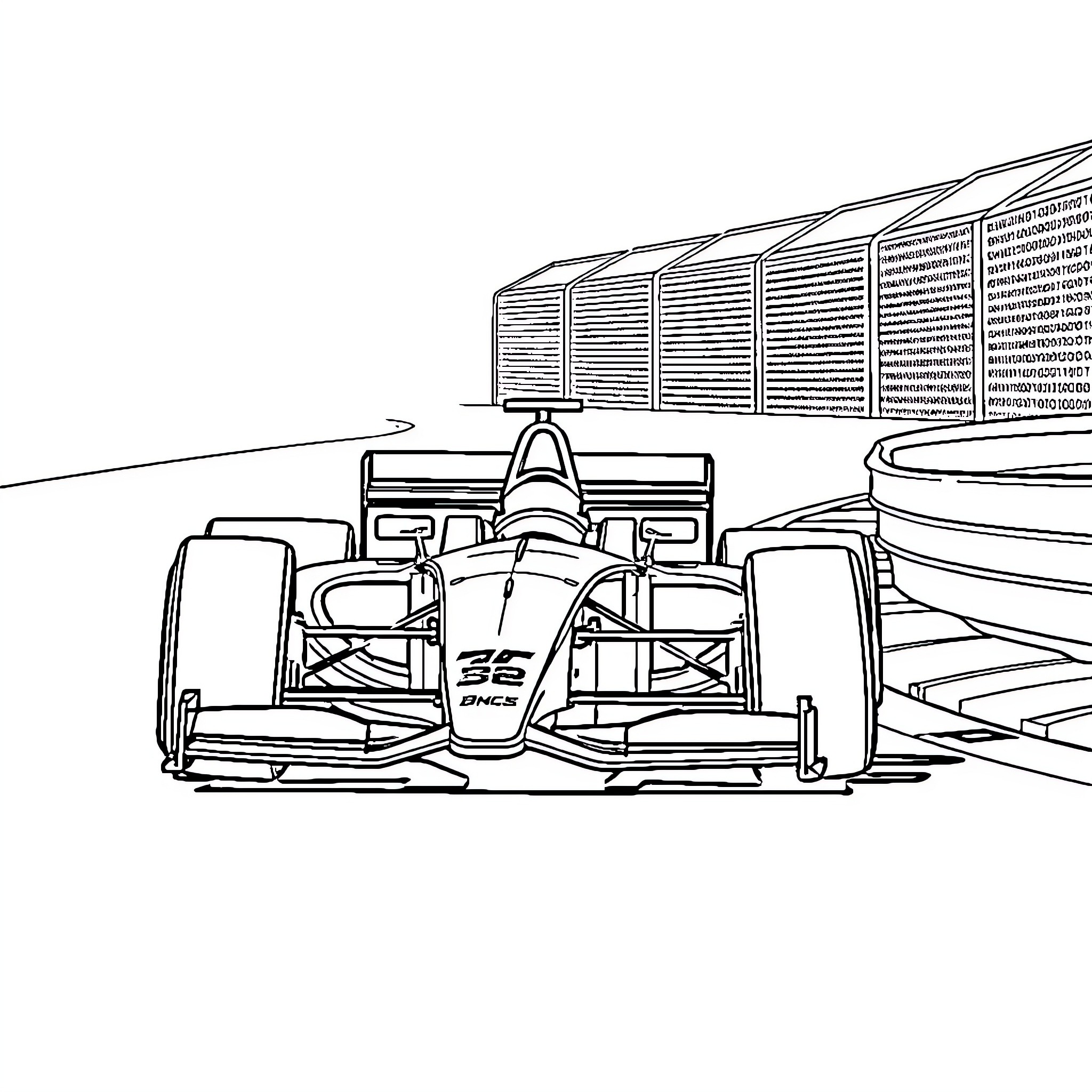 Formula 1 Car Racing in the Pit Lane Coloring Page (free black-and-white line drawing printable PDF for all, from beginners to advanced learners, including children, teens, adults, and seniors)