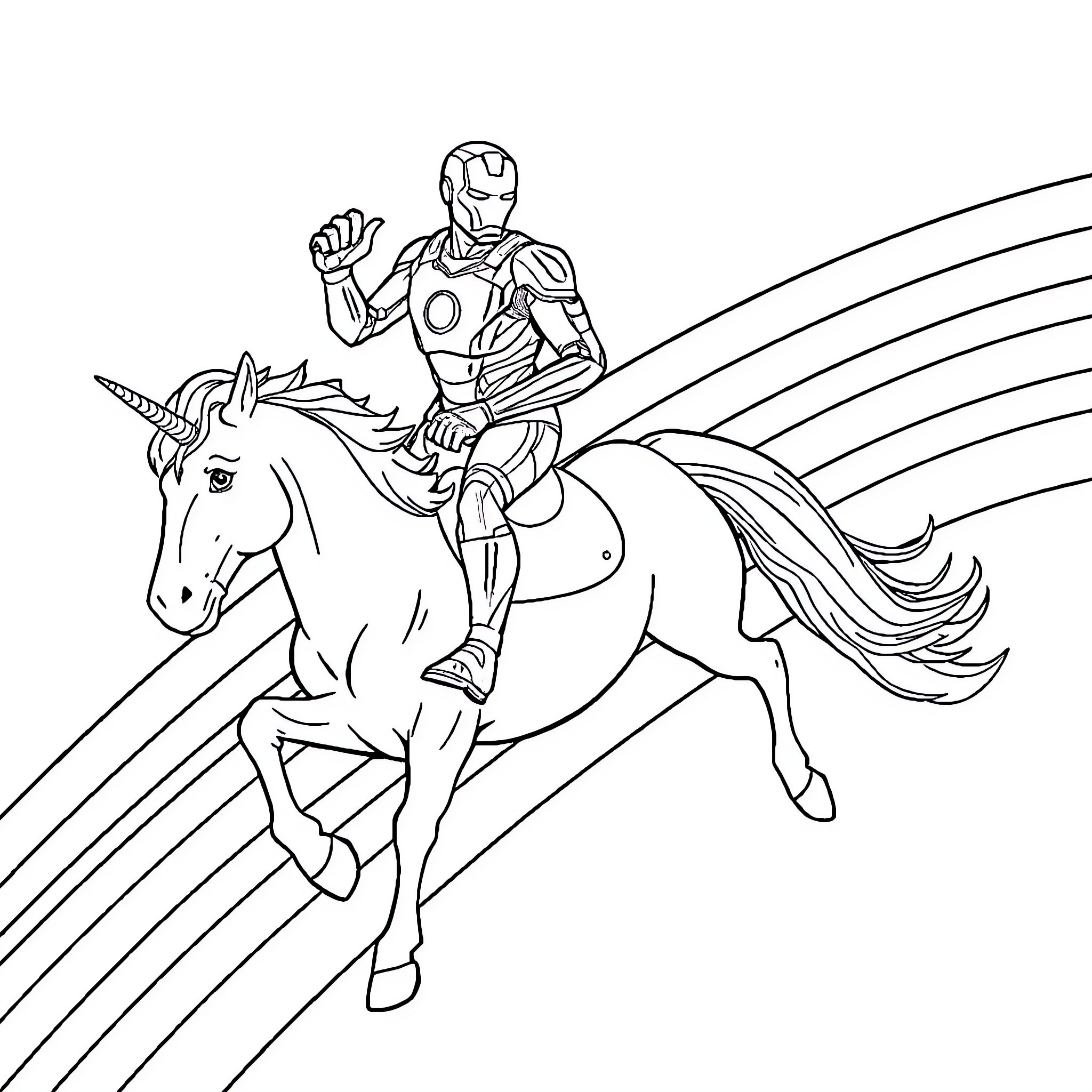 Ironman riding a magical unicorn Coloring Page (free black-and-white line drawing printable PDF for all, from beginners to advanced learners, including children, teens, adults, and seniors)
