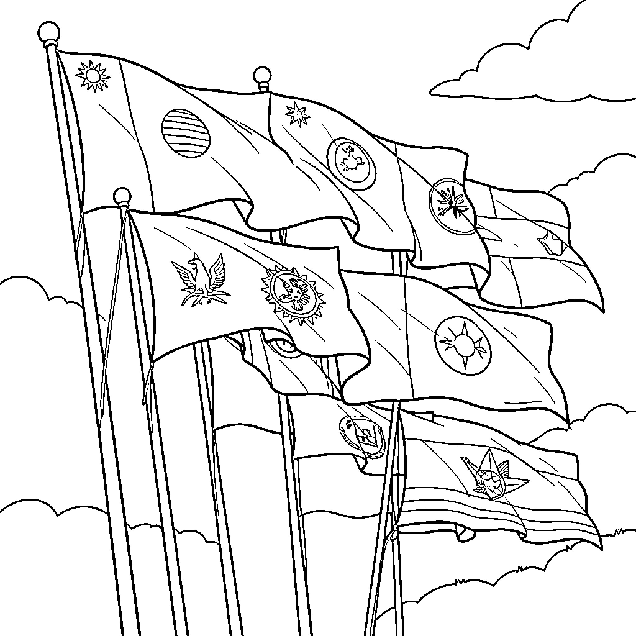 Country Flags Waving in the Cloudy Sky Coloring Page (free black-and-white line drawing printable PDF for all, from beginners to advanced learners, including children, teens, adults, and seniors)