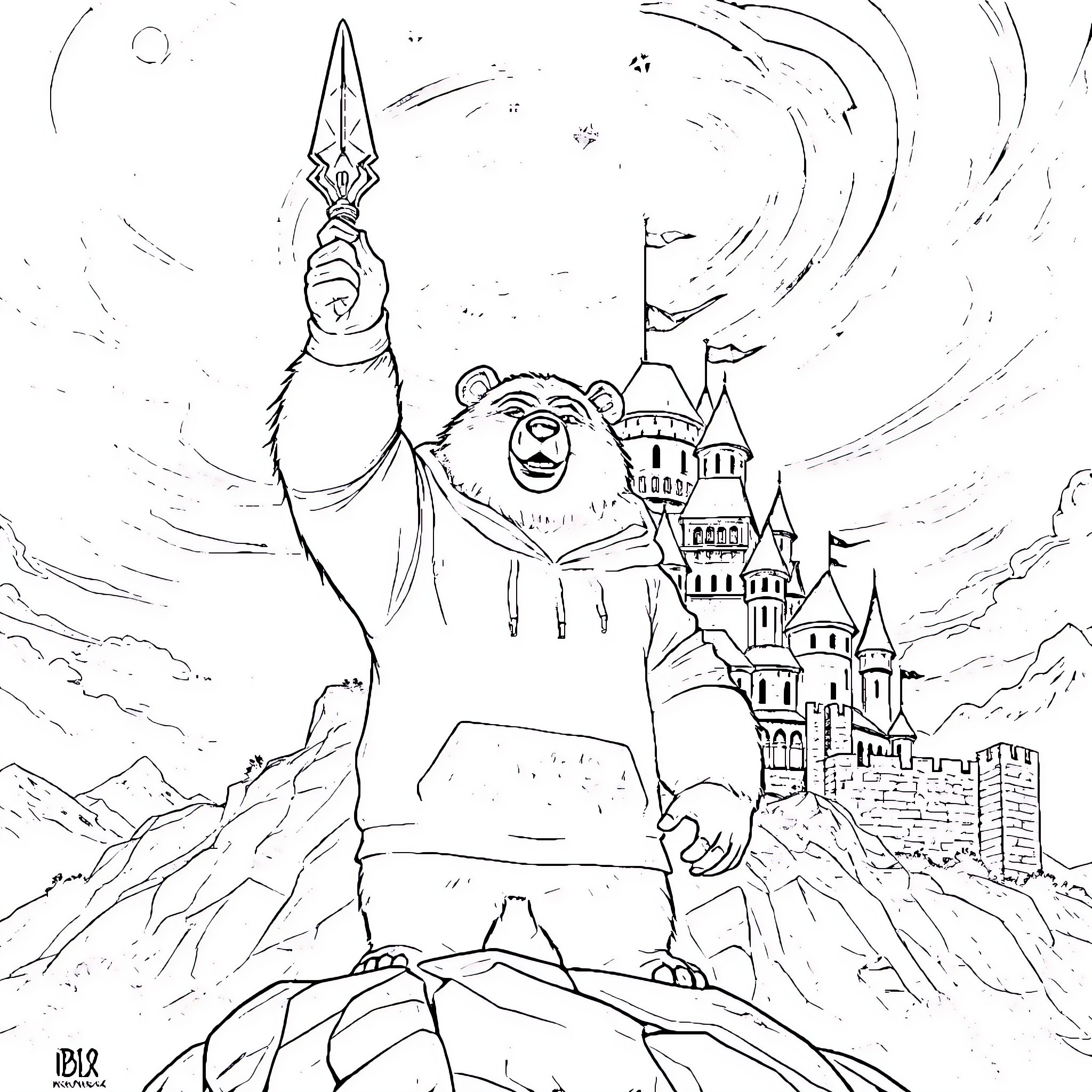Bear Wielding Sword Atop Fantastical Castle Coloring Page (free black-and-white line drawing printable PDF for all, from beginners to advanced learners, including children, teens, adults, and seniors)