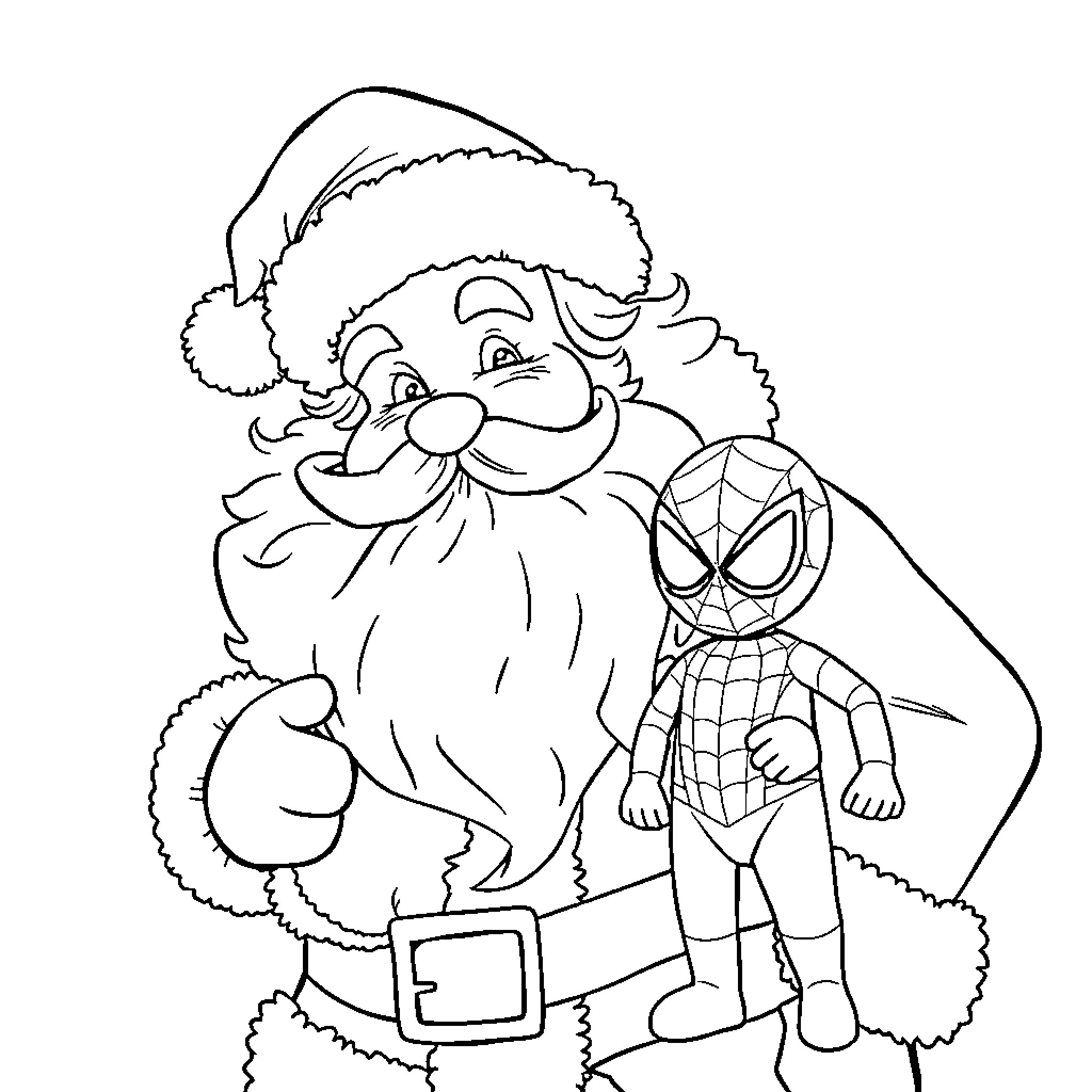 Santa Claus with friendly Spider-Man figurine Coloring Page (free black-and-white line drawing printable PDF for all, from beginners to advanced learners, including children, teens, adults, and seniors)