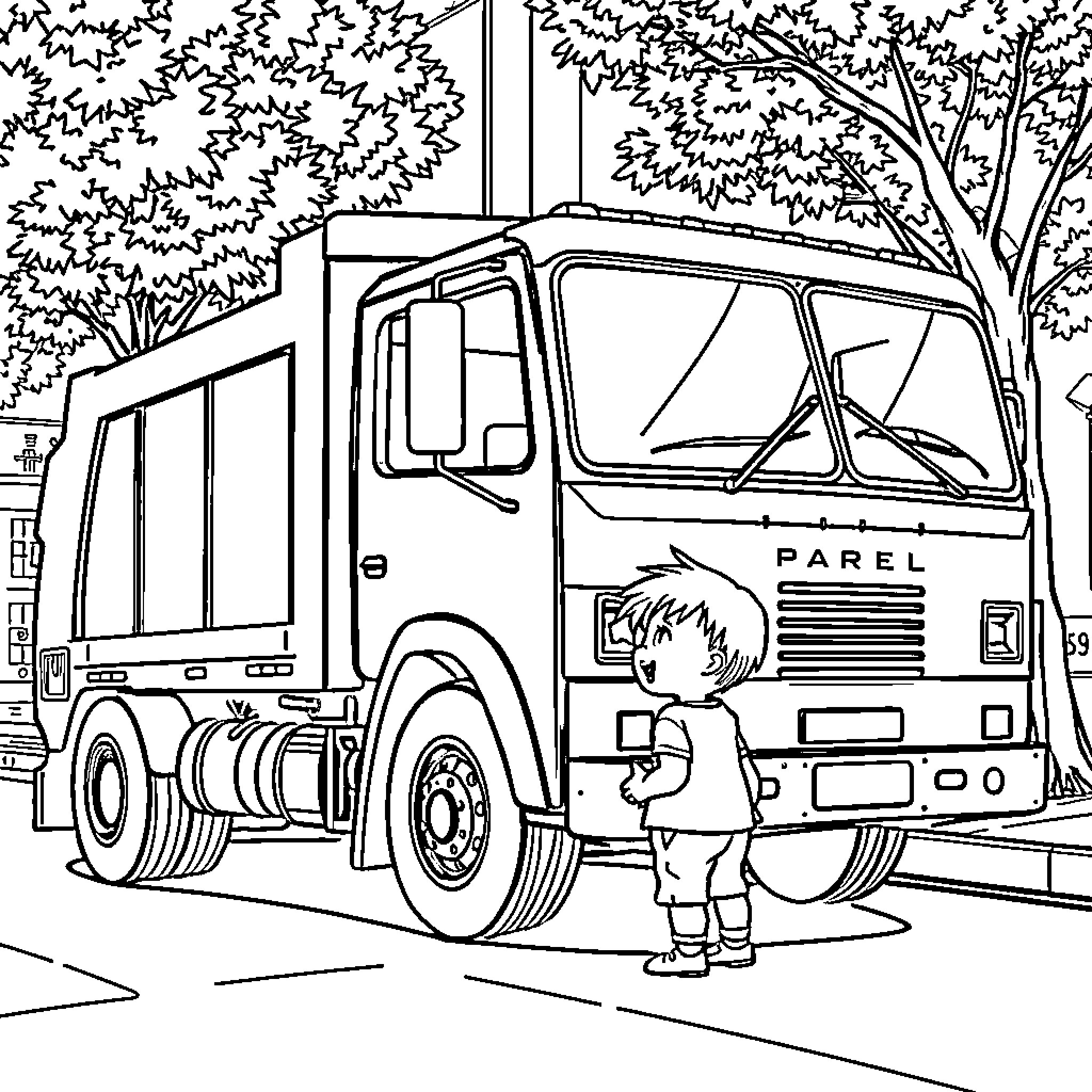 Trash Truck with a Young Boy Observing Coloring Page (free black-and-white line drawing printable PDF for all, from beginners to advanced learners, including children, teens, adults, and seniors)