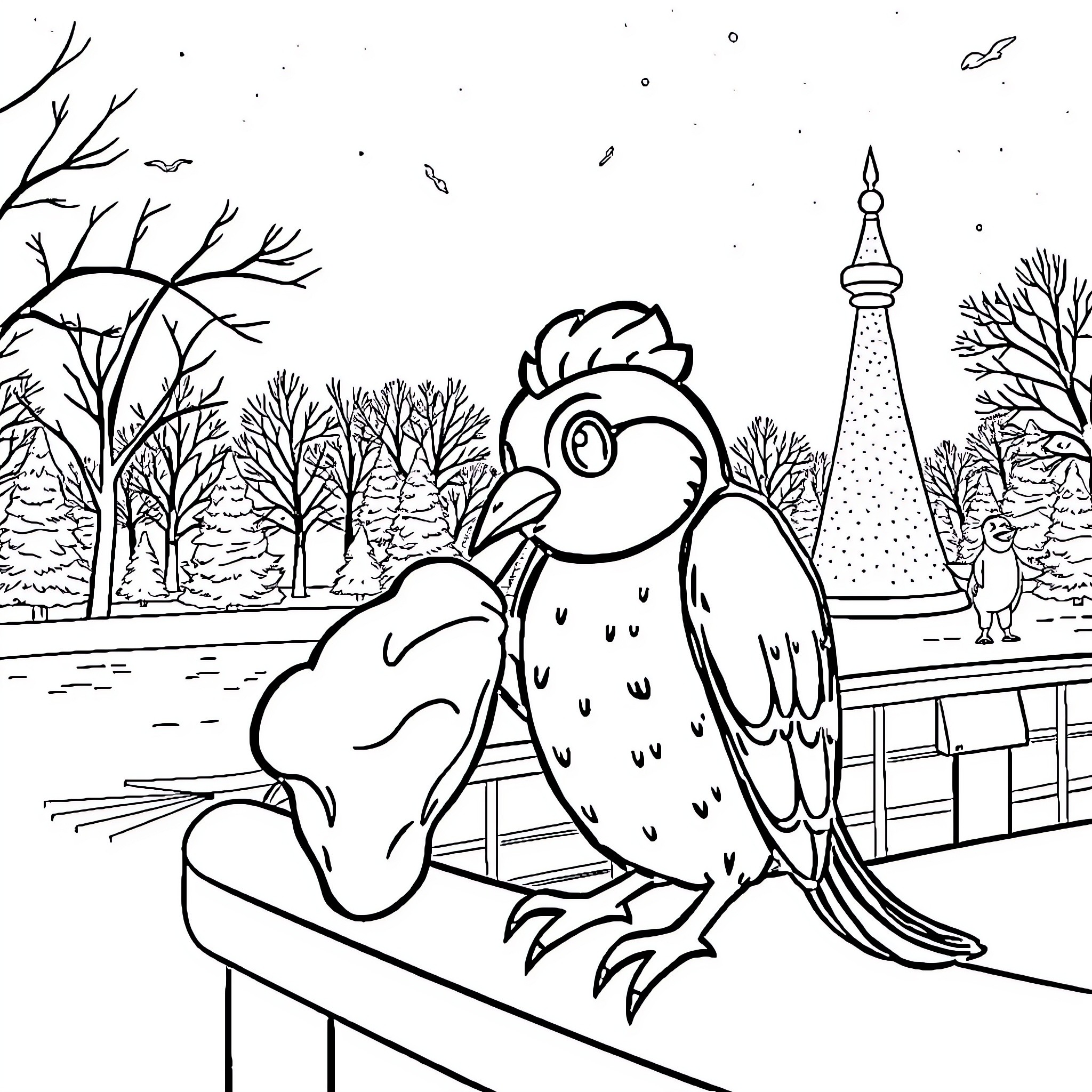 Stella the Curious Chicken in Winter Wonderland Coloring Page (free black-and-white line drawing printable PDF for all, from beginners to advanced learners, including children, teens, adults, and seniors)
