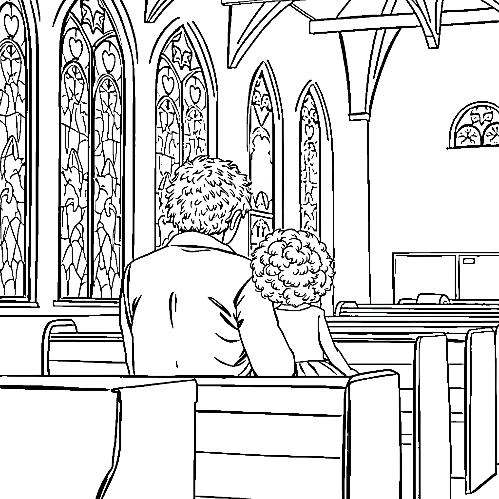Girl sitting in church pews during service Coloring Page (free black-and-white line drawing printable PDF for all, from beginners to advanced learners, including children, teens, adults, and seniors)