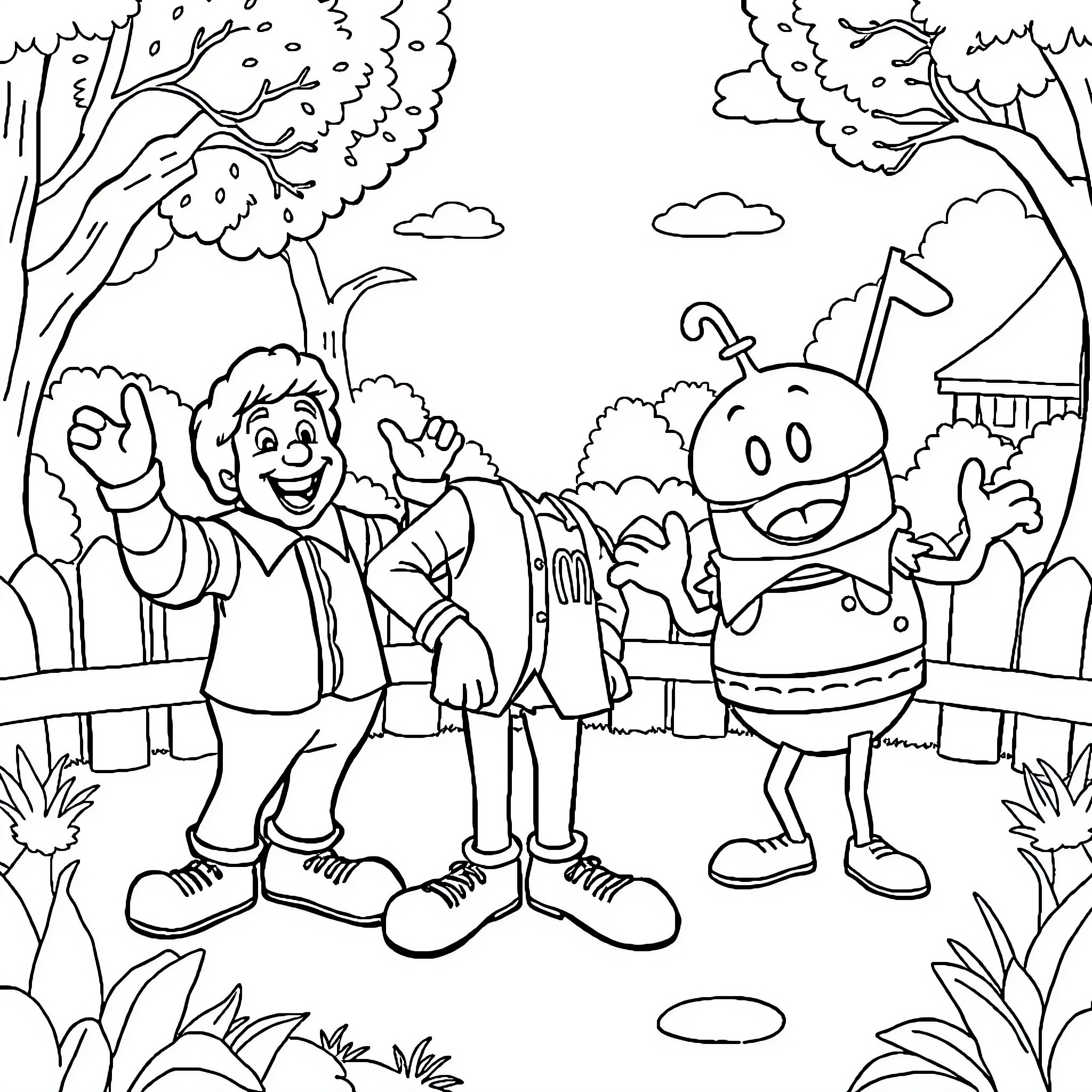 McDonald Land Characters Celebrating in Nature Coloring Page (free black-and-white line drawing printable PDF for all, from beginners to advanced learners, including children, teens, adults, and seniors)