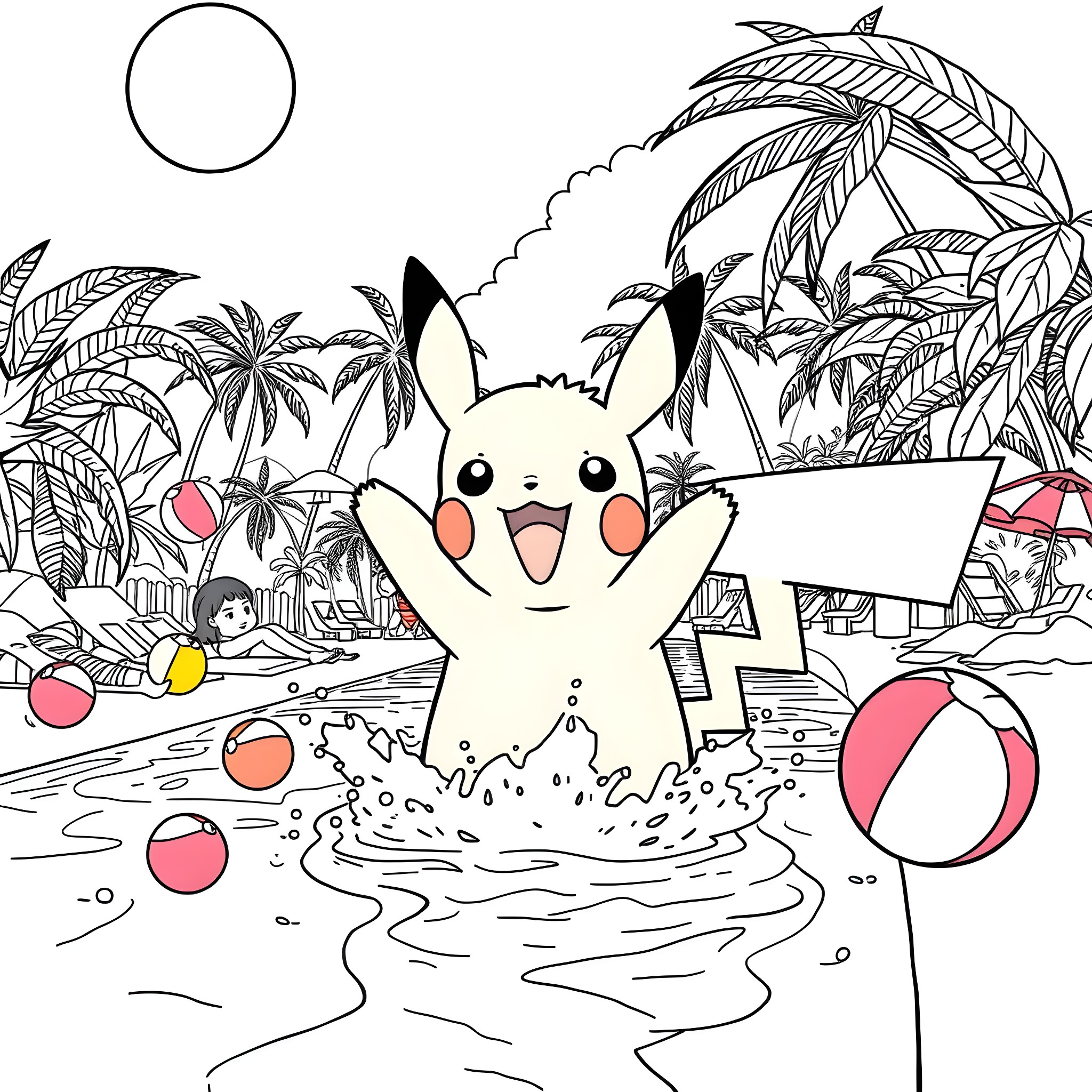 Pikachu playing joyfully in a tropical paradise Coloring Page (free black-and-white line drawing printable PDF for all, from beginners to advanced learners, including children, teens, adults, and seniors)