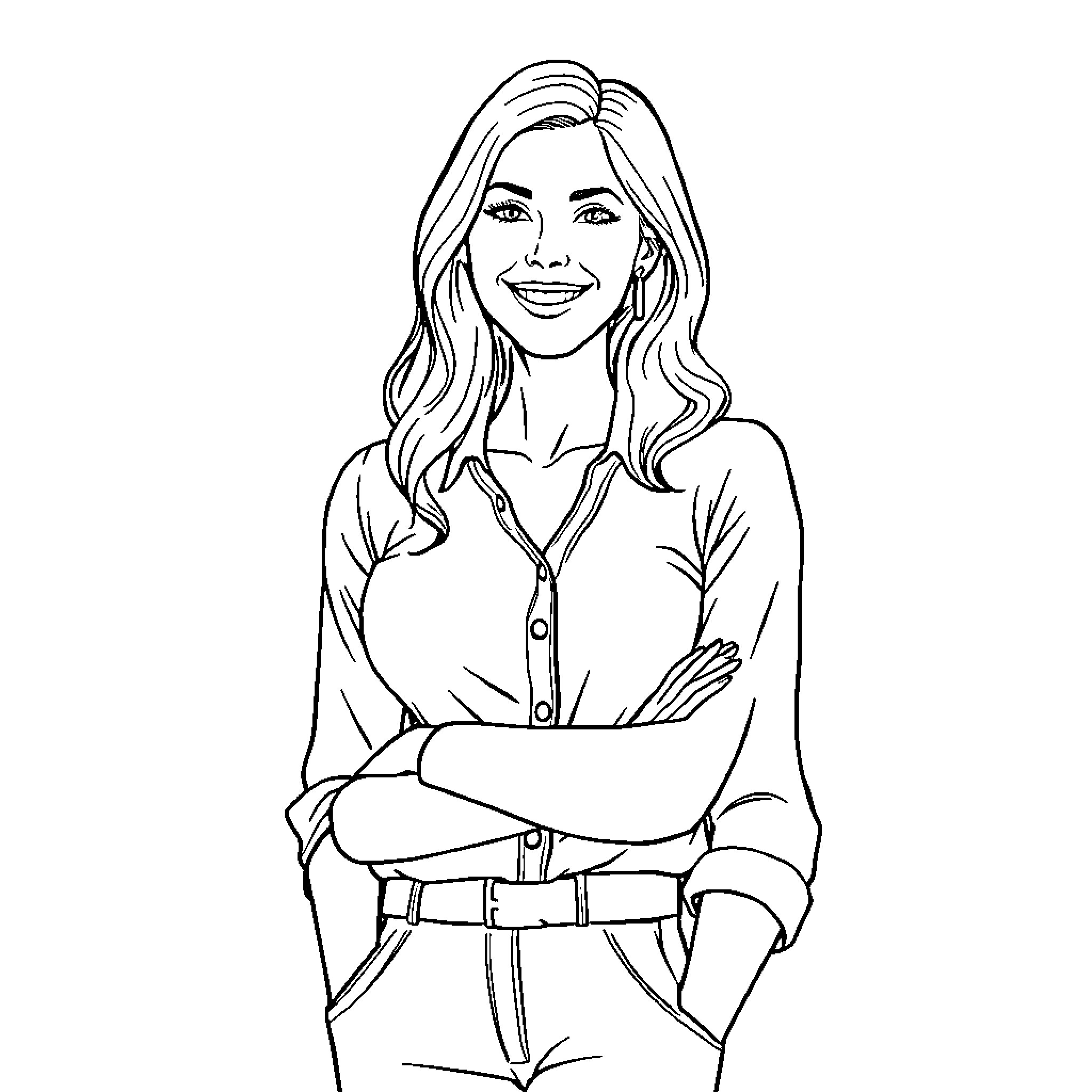 Woman with warm smile and confident pose Coloring Page (free black-and-white line drawing printable PDF for all, from beginners to advanced learners, including children, teens, adults, and seniors)
