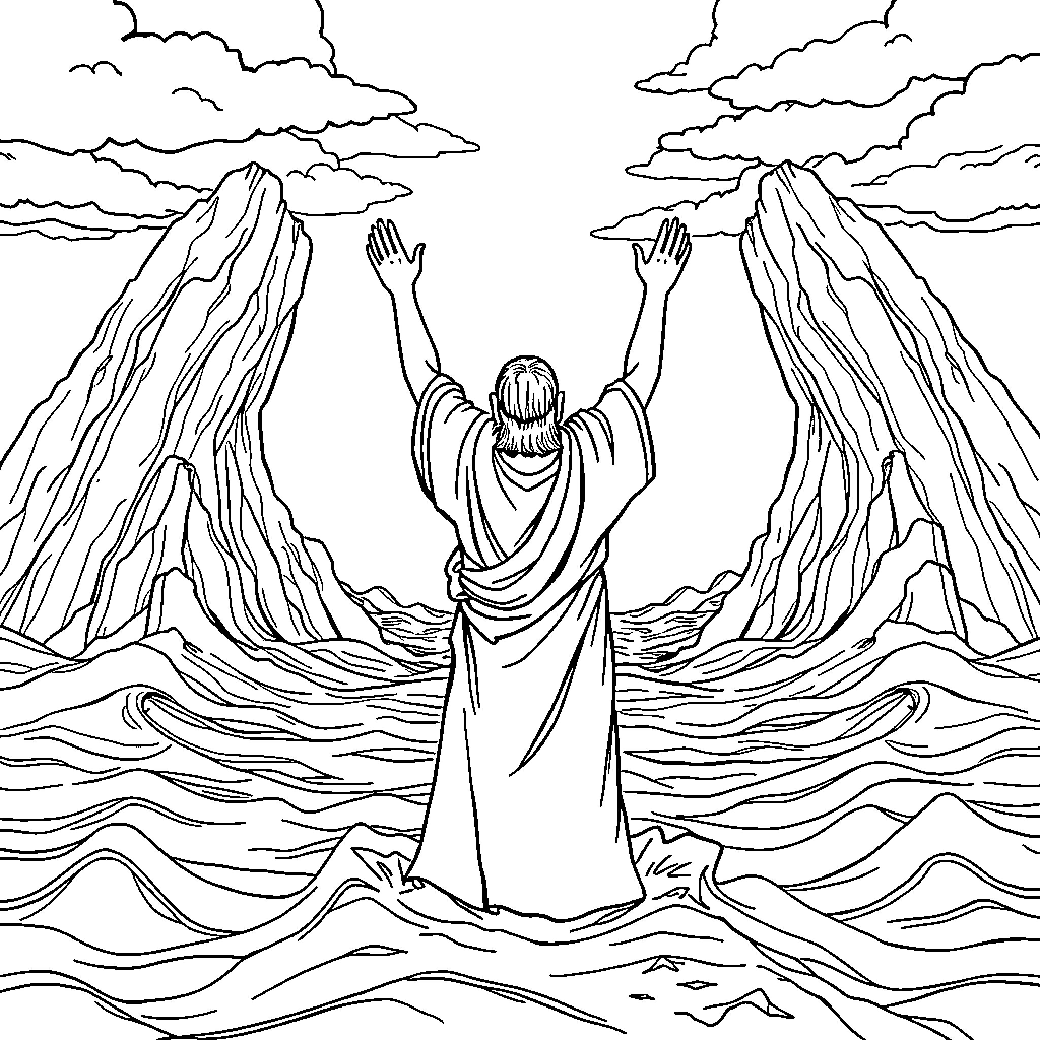 Moses parting the sea with hands raised Coloring Page (free black-and-white line drawing printable PDF for all, from beginners to advanced learners, including children, teens, adults, and seniors)