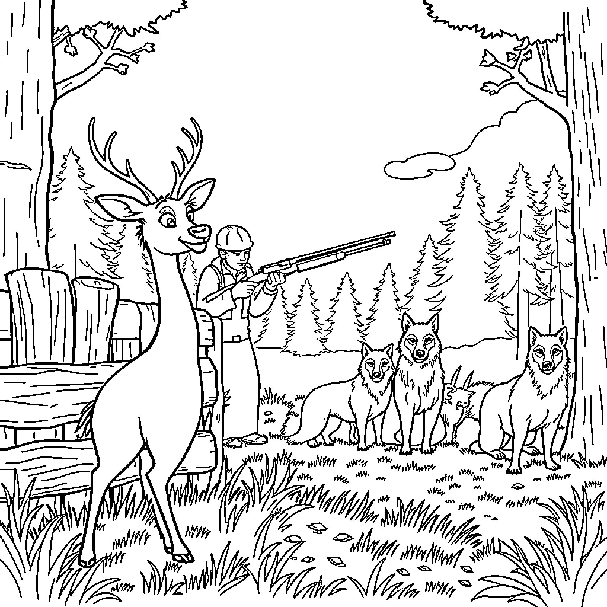 Deer in the forest with a hunter and pack of wolves Coloring Page (free black-and-white line drawing printable PDF for all, from beginners to advanced learners, including children, teens, adults, and seniors)
