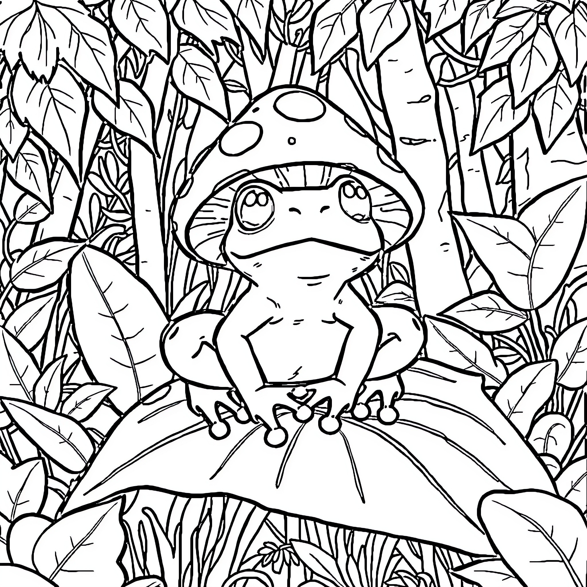 Frog sitting peacefully in the forest Coloring Page (free black-and-white line drawing printable PDF for all, from beginners to advanced learners, including children, teens, adults, and seniors)