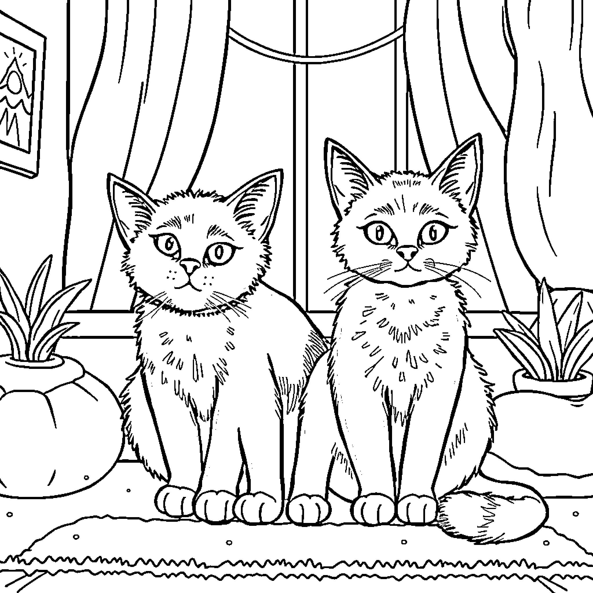 Emo Cats Sitting Together in Room Coloring Page (free black-and-white line drawing printable PDF for all, from beginners to advanced learners, including children, teens, adults, and seniors)