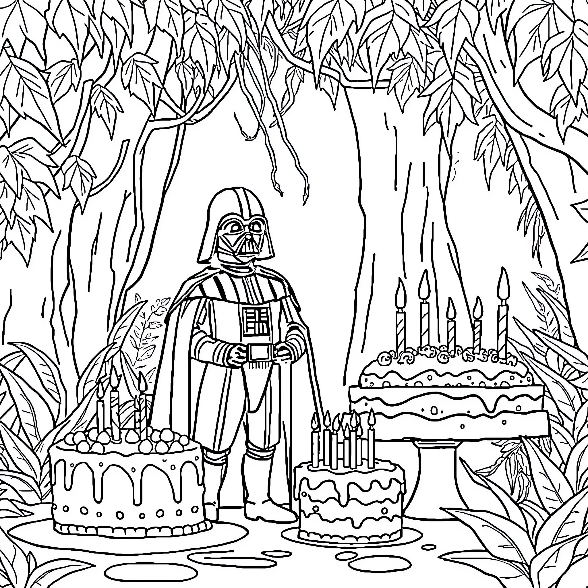 Darth Vader's Celebration in the Forest Coloring Page (free black-and-white line drawing printable PDF for all, from beginners to advanced learners, including children, teens, adults, and seniors)