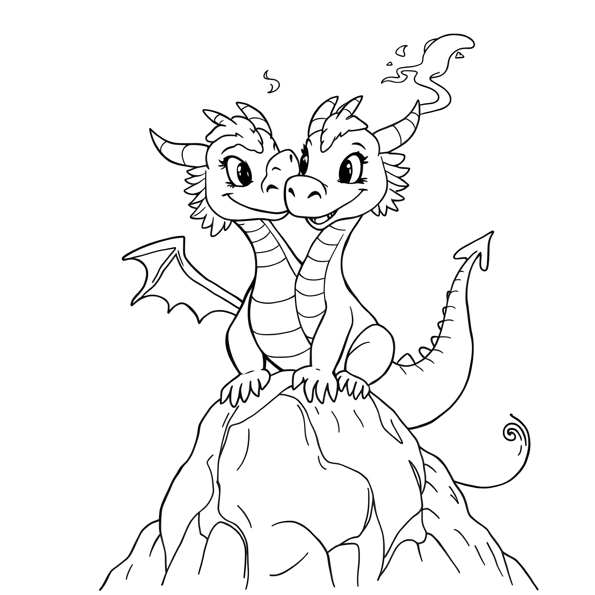 Dragon duo dancing joyfully on rocky terrain Coloring Page (free black-and-white line drawing printable PDF for all, from beginners to advanced learners, including children, teens, adults, and seniors)