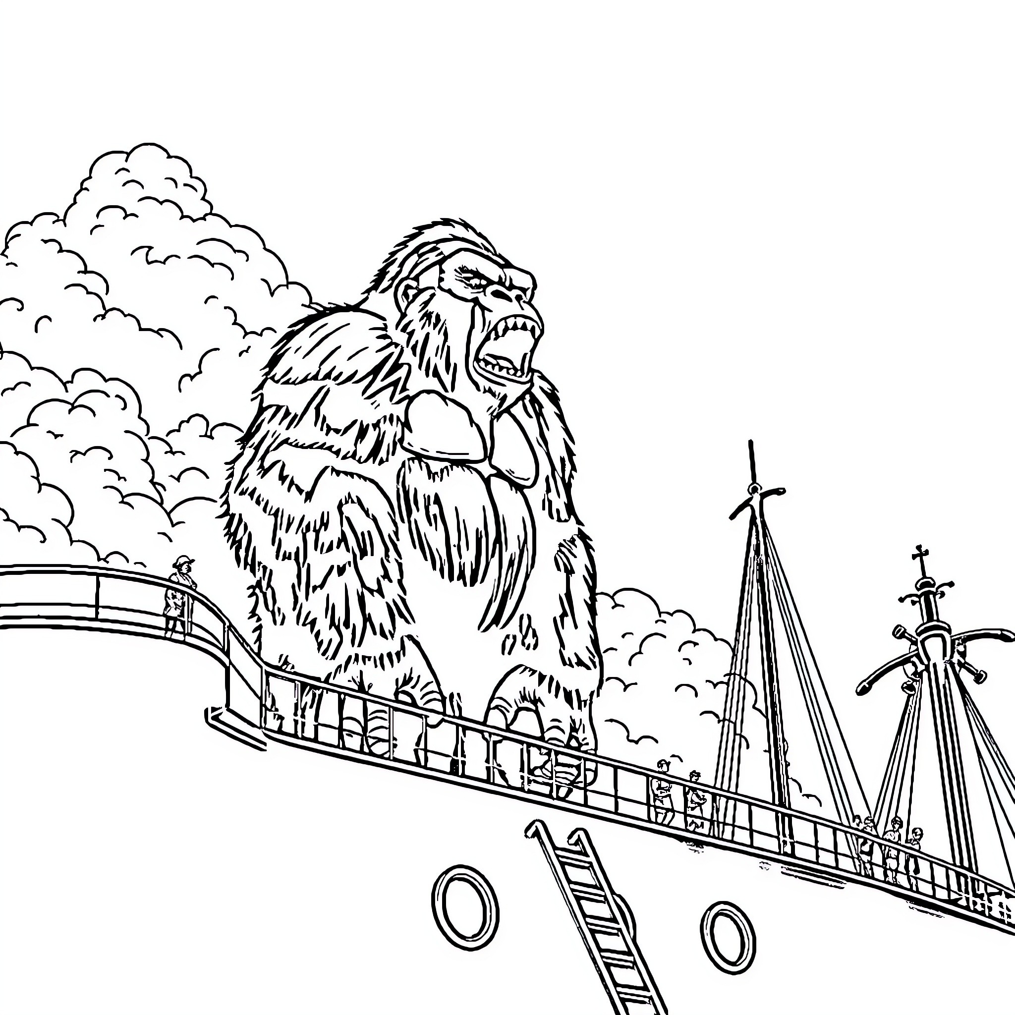 King Kong climbing a ship in the clouds Coloring Page (free black-and-white line drawing printable PDF for all, from beginners to advanced learners, including children, teens, adults, and seniors)