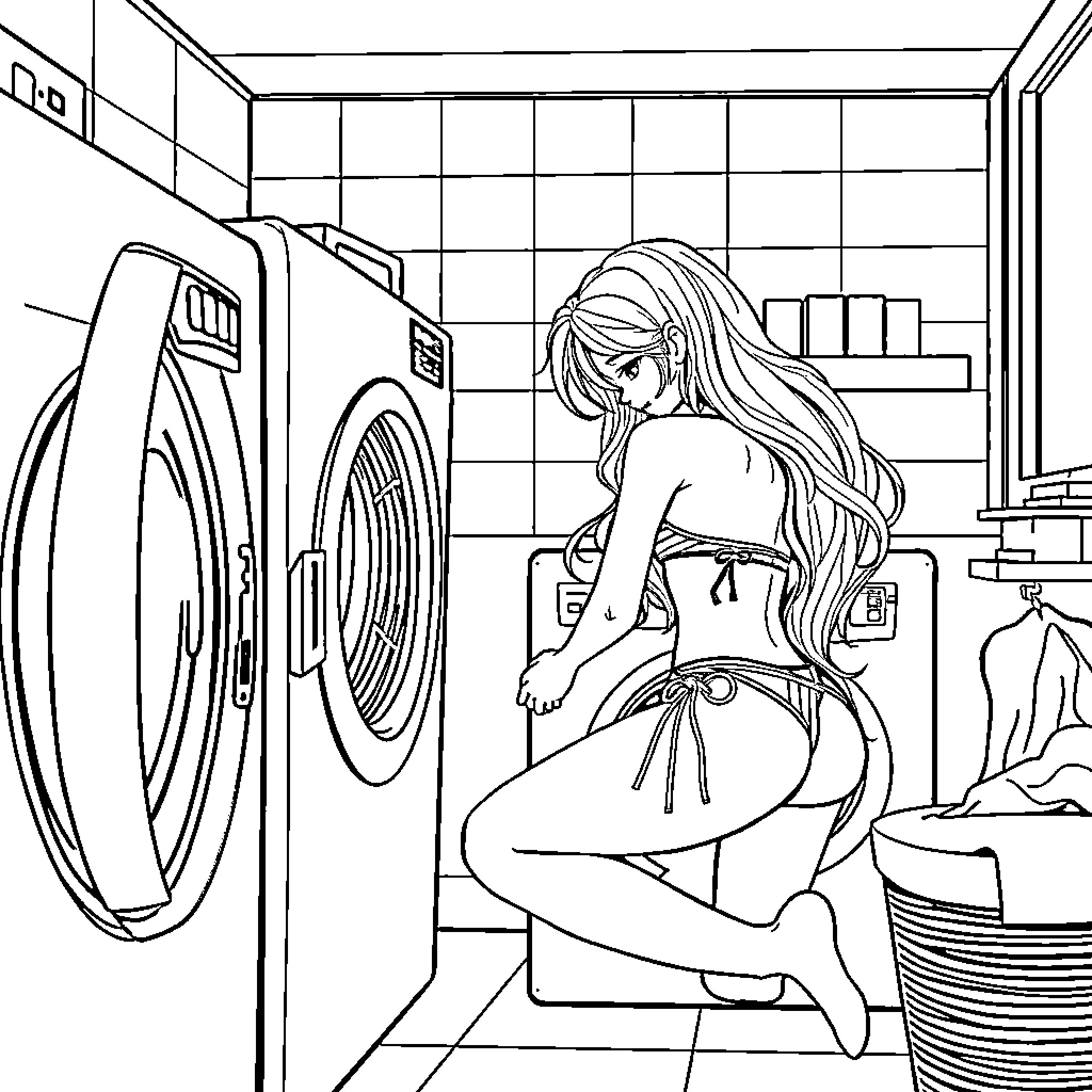 Girl in the Laundry Room Coloring Page (free black-and-white line drawing printable PDF for all, from beginners to advanced learners, including children, teens, adults, and seniors)