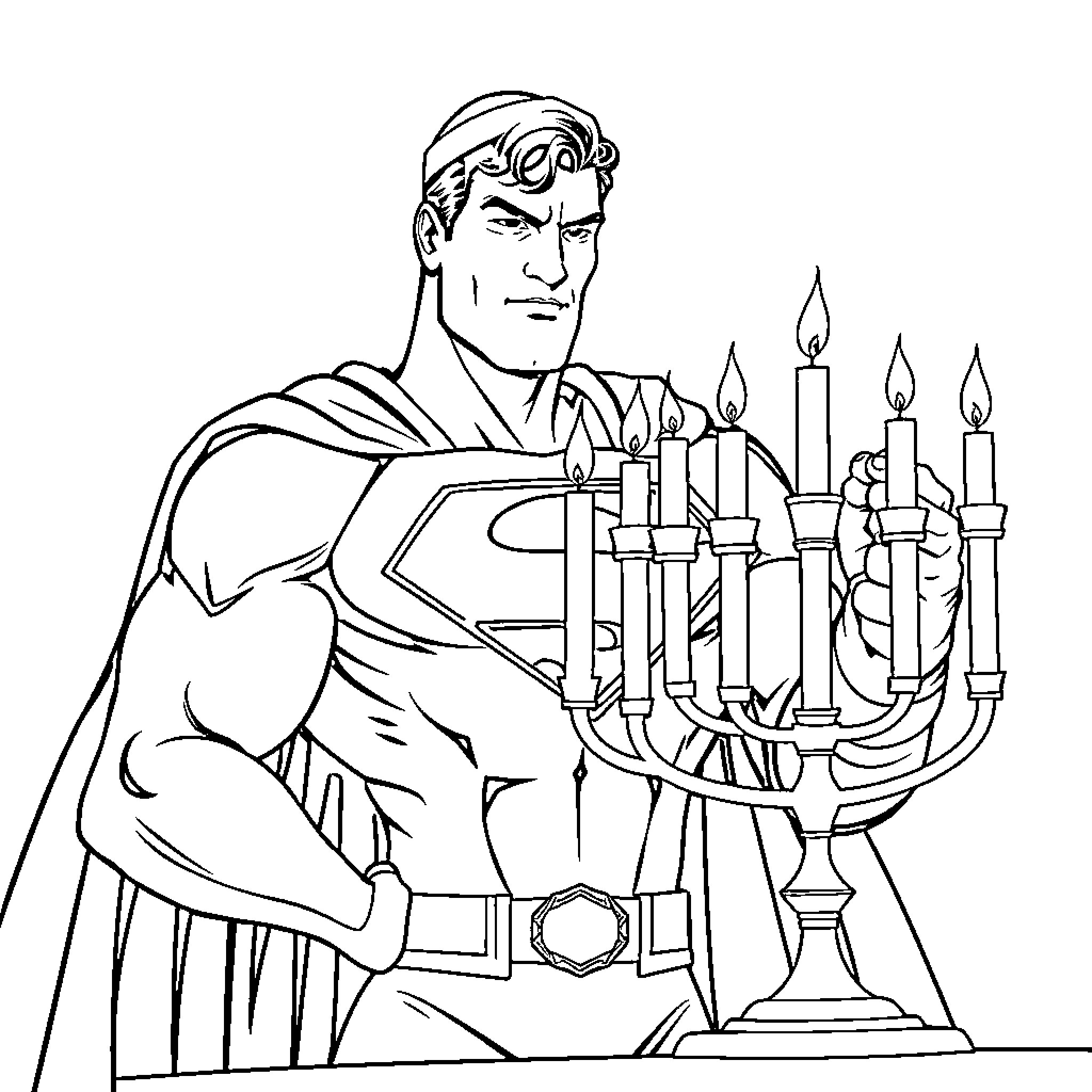Superman lighting Hanukkah candles Coloring Page (free black-and-white line drawing printable PDF for all, from beginners to advanced learners, including children, teens, adults, and seniors)