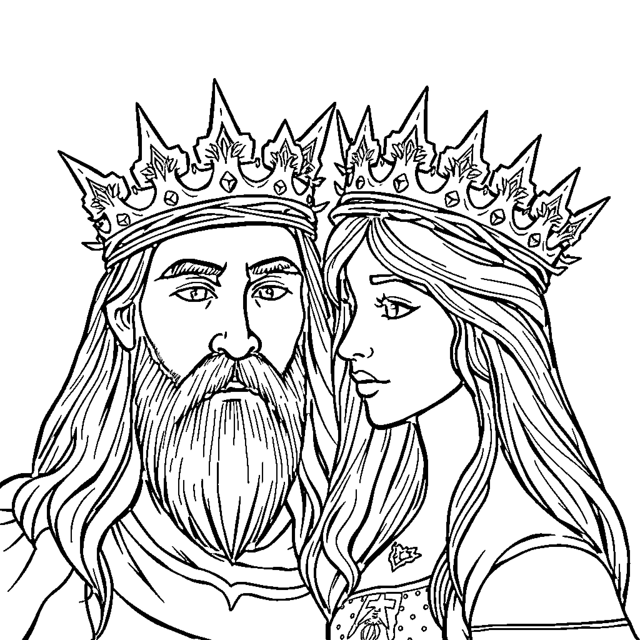 Crown adorned king and queen of the realm Coloring Page (free black-and-white line drawing printable PDF for all, from beginners to advanced learners, including children, teens, adults, and seniors)