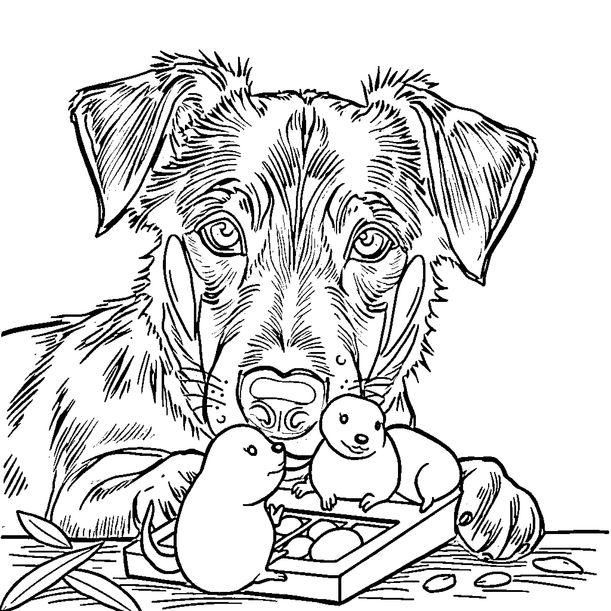 Perro caring for baby animals in the nest Coloring Page (free black-and-white line drawing printable PDF for all, from beginners to advanced learners, including children, teens, adults, and seniors)
