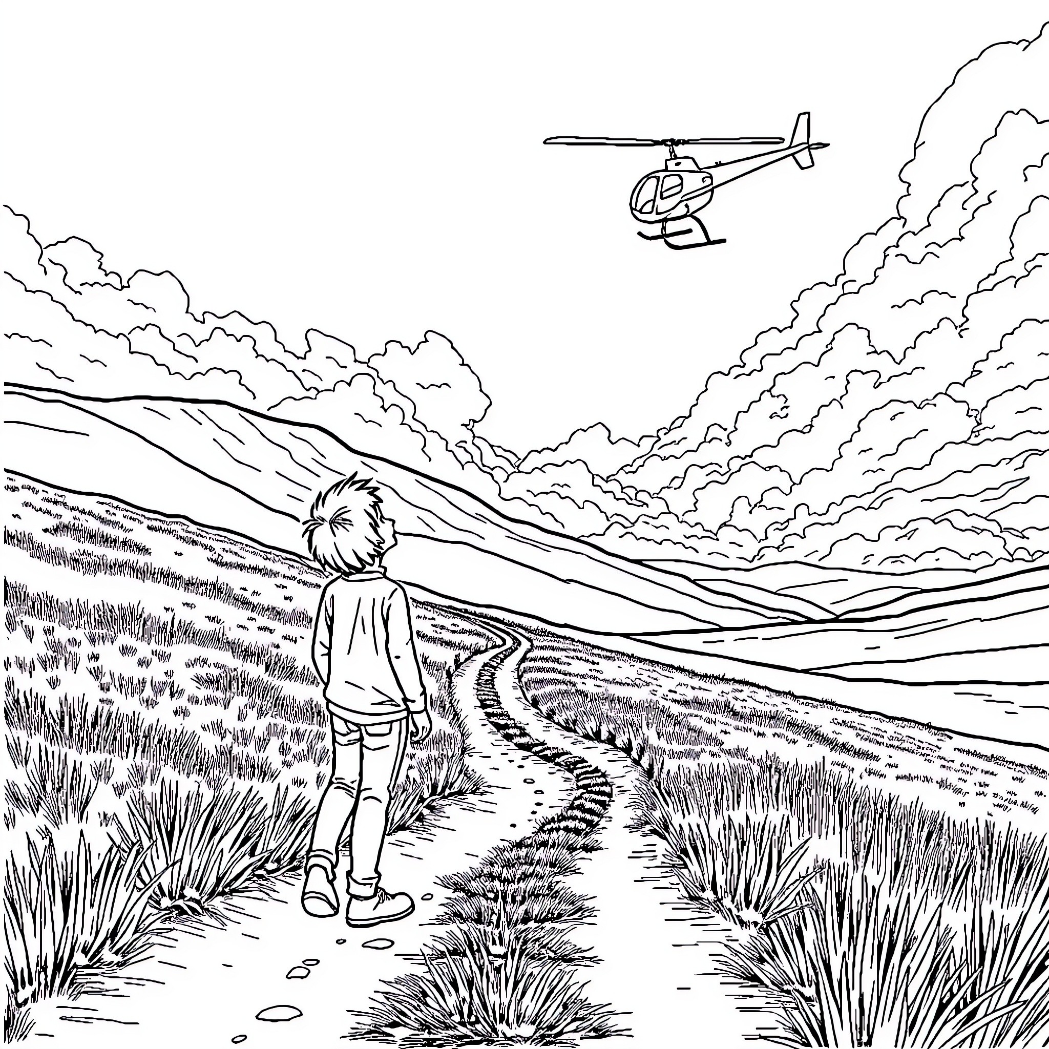 Helicopter soaring over person walking on rural path Coloring Page (free black-and-white line drawing printable PDF for all, from beginners to advanced learners, including children, teens, adults, and seniors)
