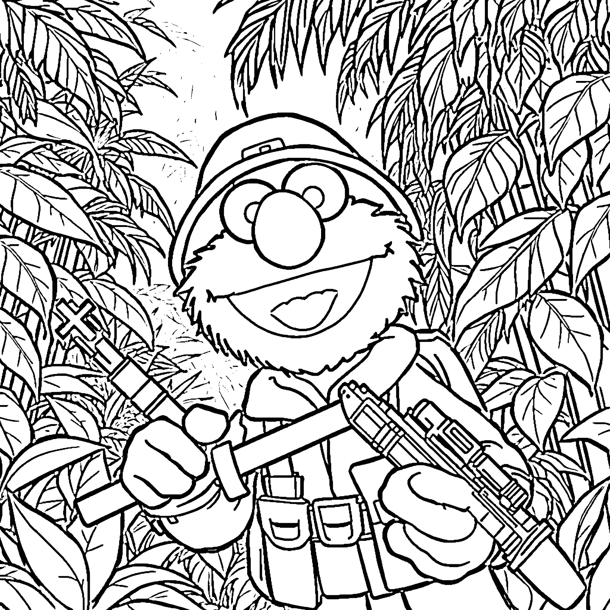 Elmo as an explorer in the jungle Coloring Page (free black-and-white line drawing printable PDF for all, from beginners to advanced learners, including children, teens, adults, and seniors)