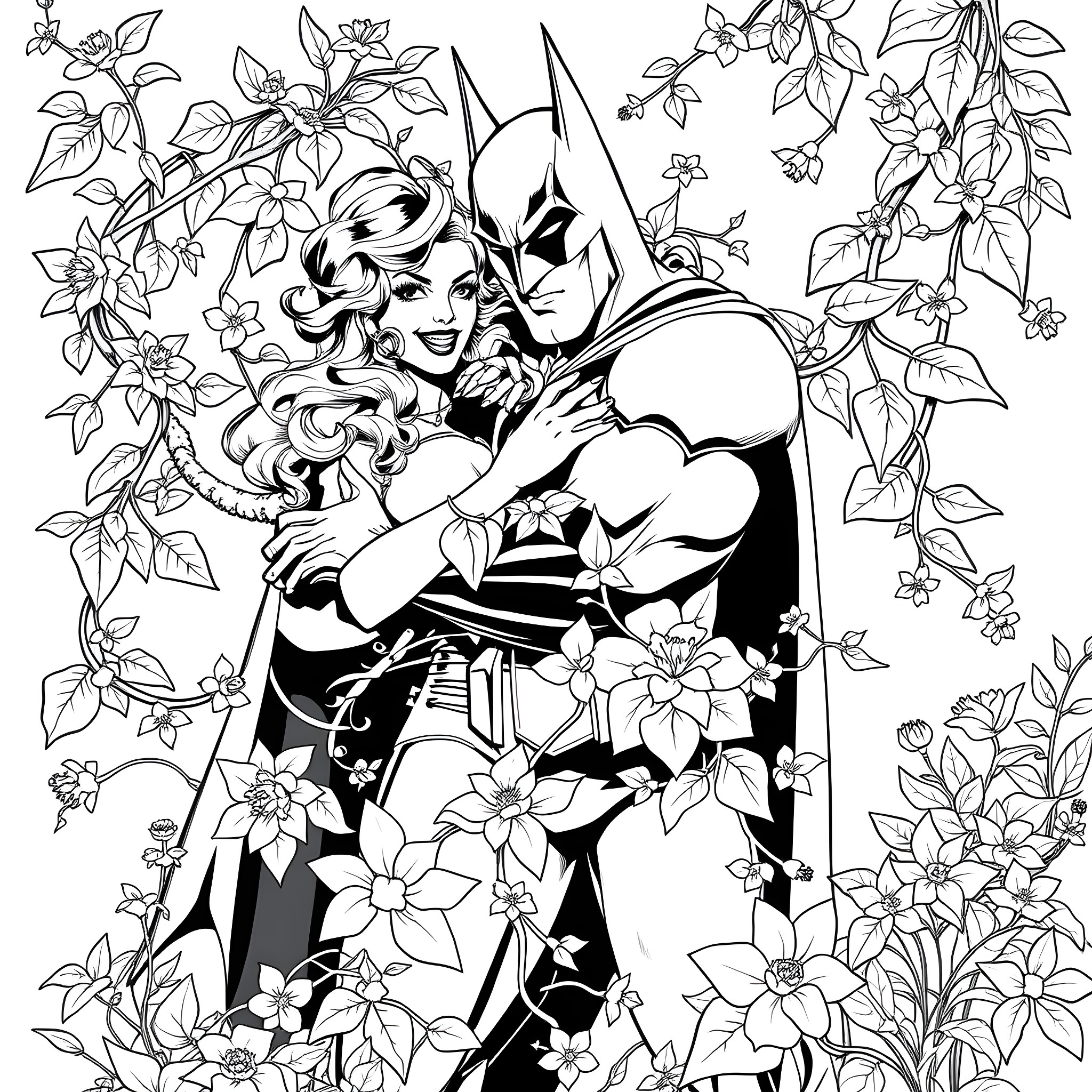 Poison Ivy embracing Batman in a floral landscape Coloring Page (free black-and-white line drawing printable PDF for all, from beginners to advanced learners, including children, teens, adults, and seniors)