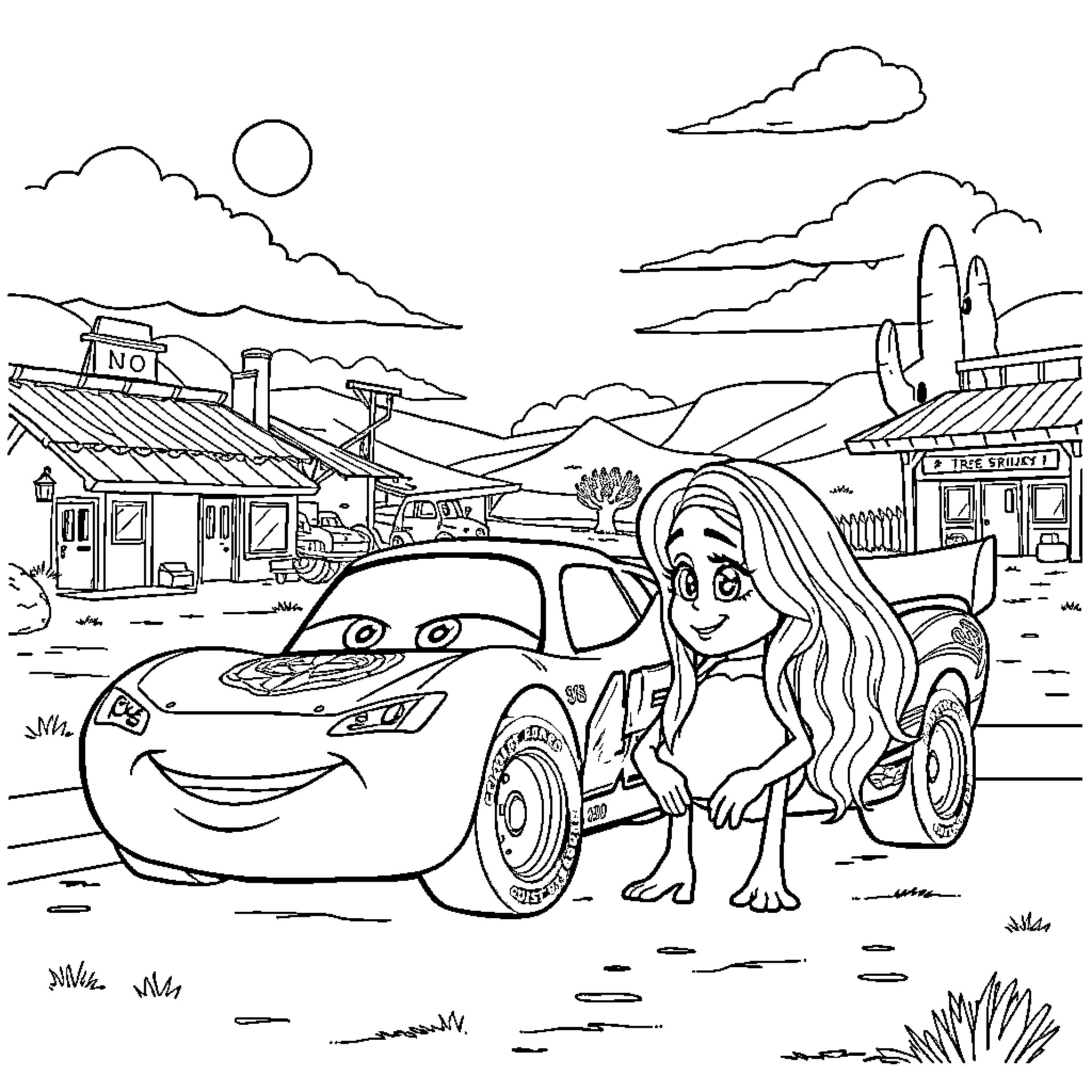 Lightning McQueen and a girl in the desert town Coloring Page (free black-and-white line drawing printable PDF for all, from beginners to advanced learners, including children, teens, adults, and seniors)