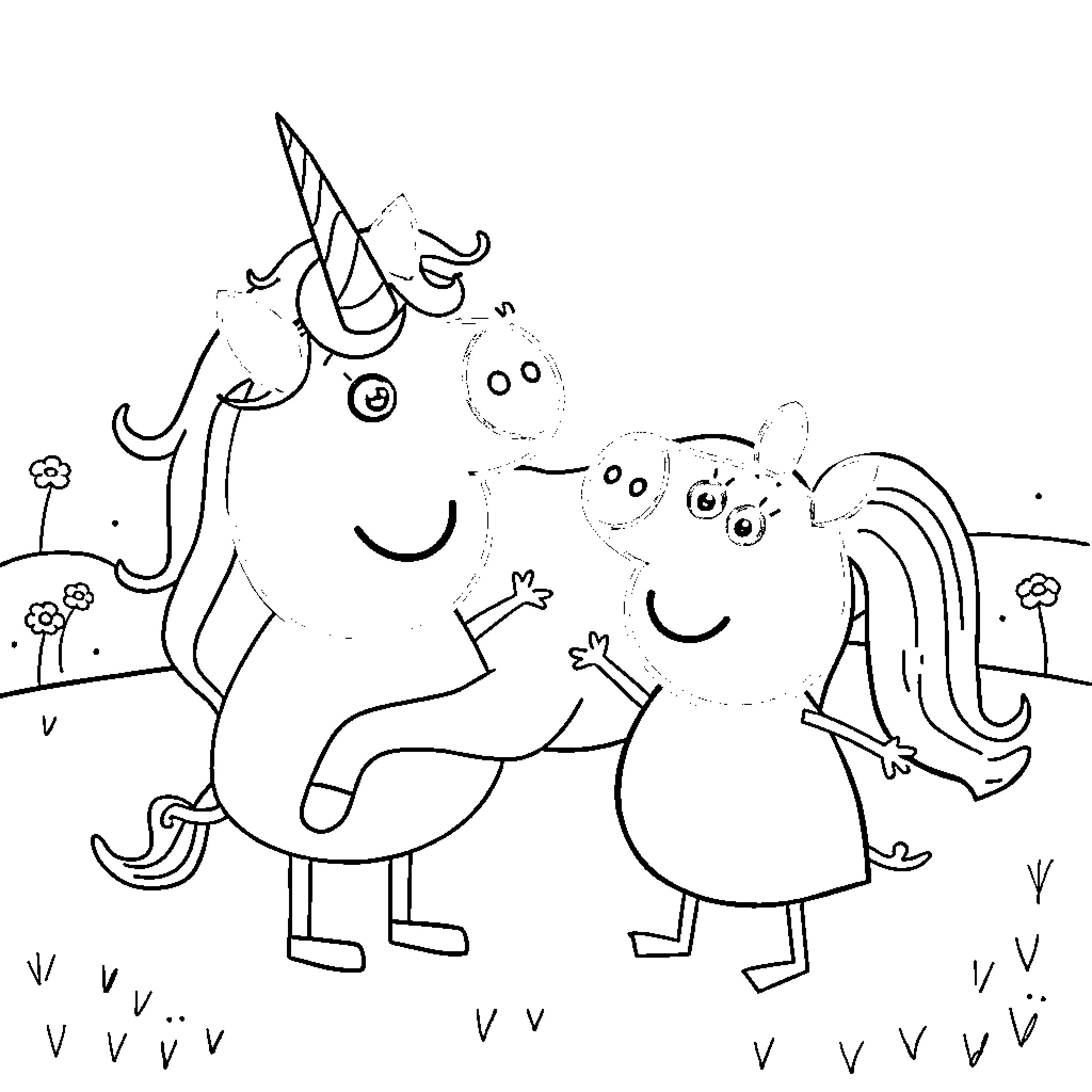 Peppa Pig and Friends Enjoying Outdoor Adventure Coloring Page (free black-and-white line drawing printable PDF for all, from beginners to advanced learners, including children, teens, adults, and seniors)