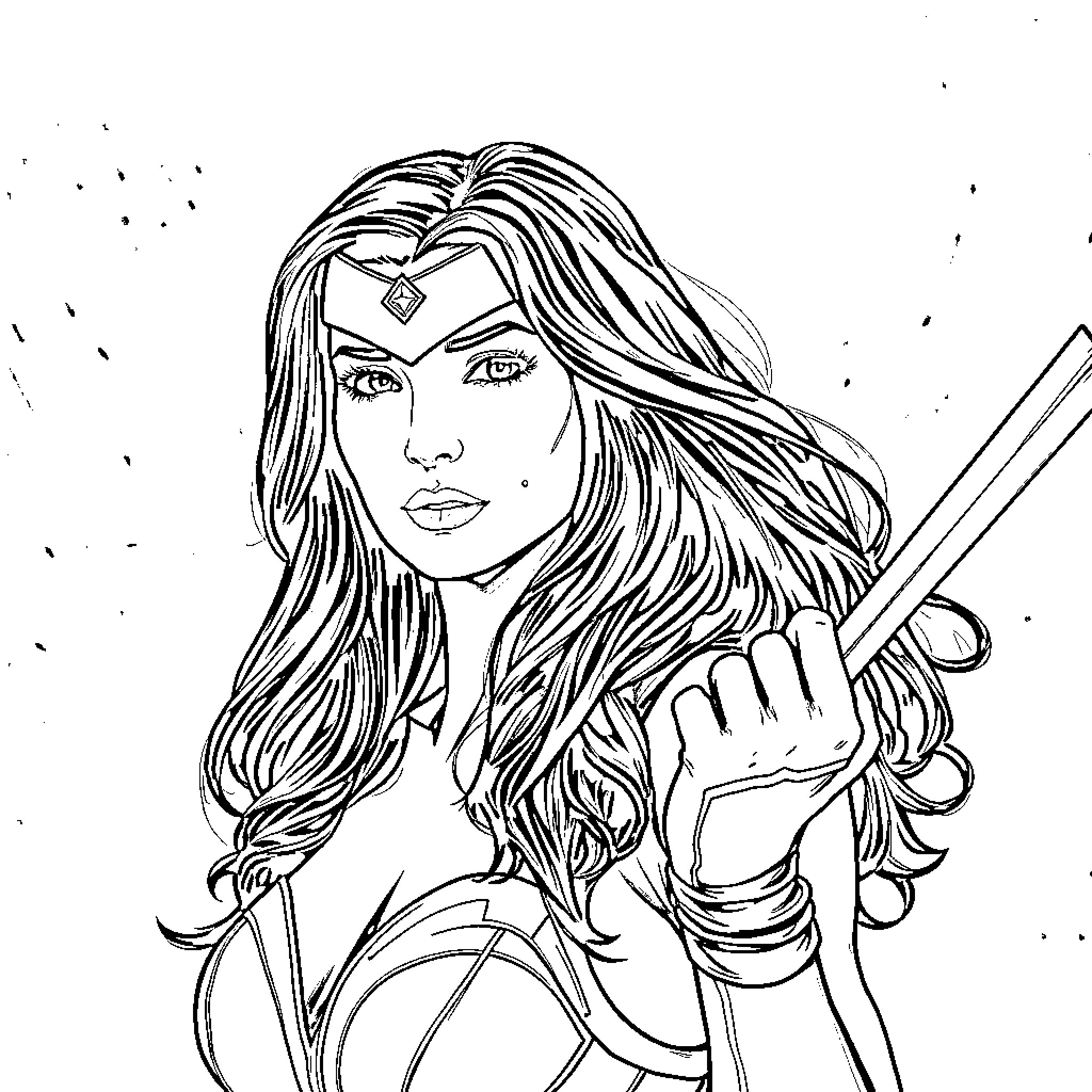 Gal Gadot as Wonder Woman in action pose Coloring Page (free black-and-white line drawing printable PDF for all, from beginners to advanced learners, including children, teens, adults, and seniors)