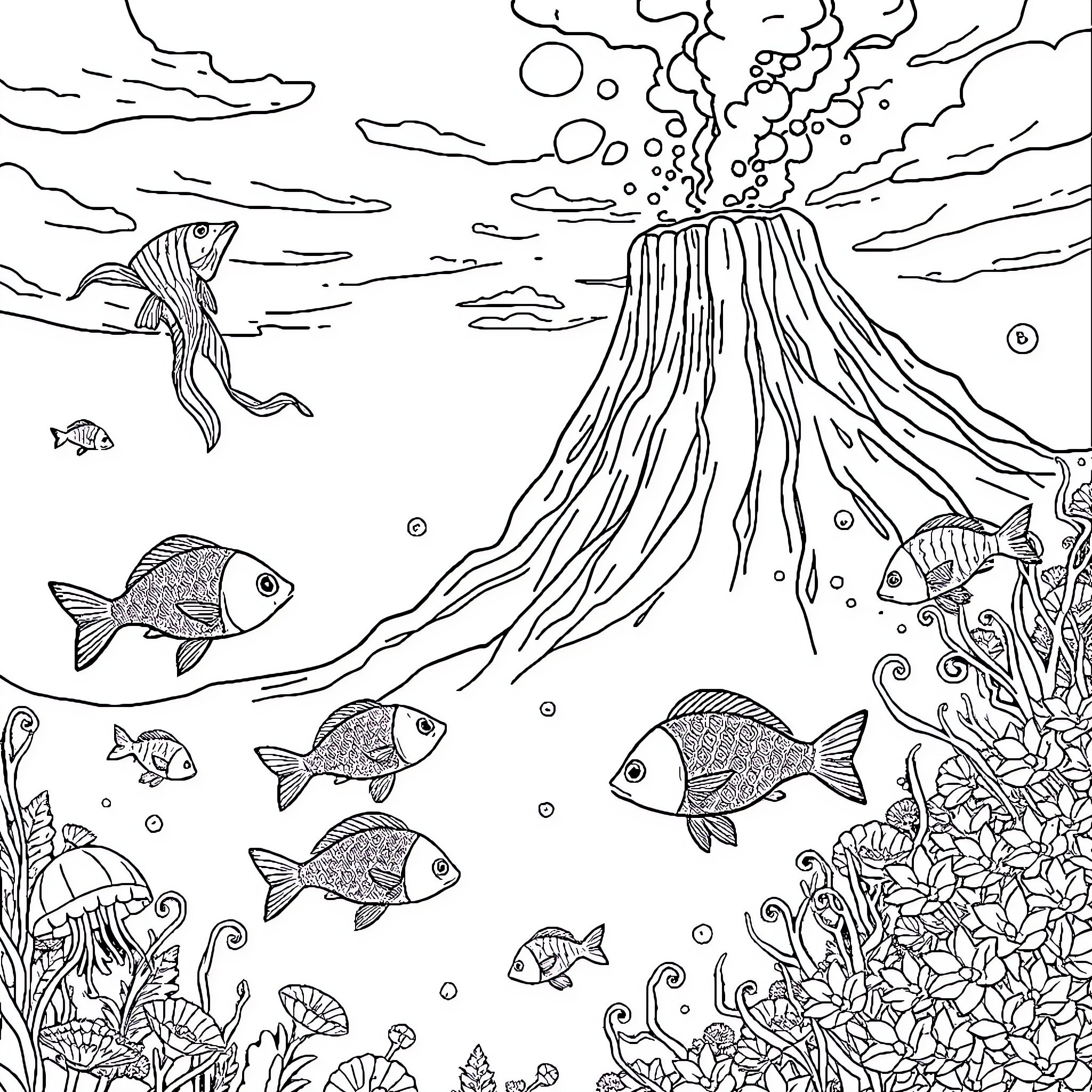 Fish exploring the underwater volcanic eruption Coloring Page (free black-and-white line drawing printable PDF for all, from beginners to advanced learners, including children, teens, adults, and seniors)