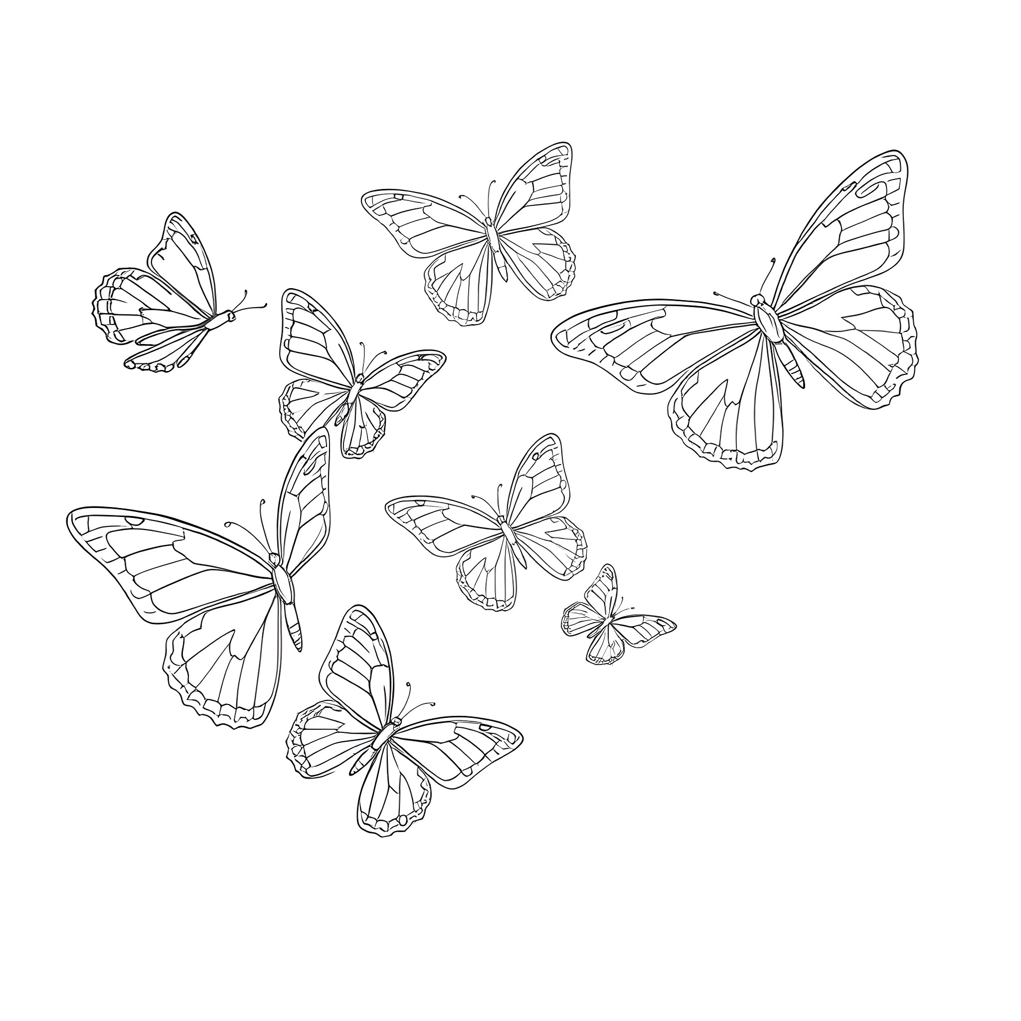 Butterfly dance in the breeze Coloring Page (free black-and-white line drawing printable PDF for all, from beginners to advanced learners, including children, teens, adults, and seniors)
