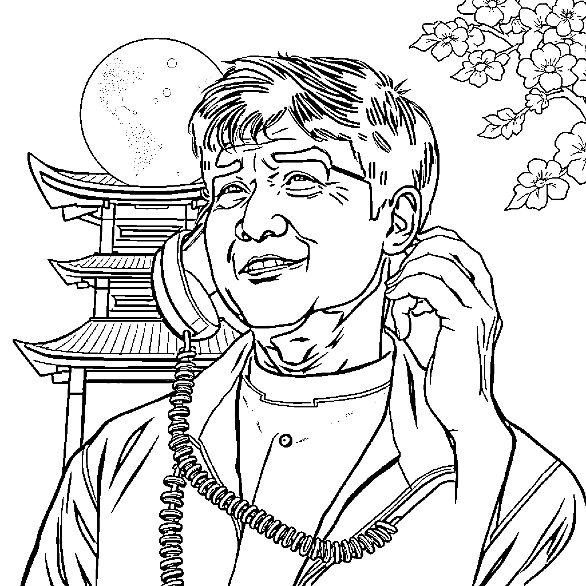 Jackie Chan in traditional Japanese attire with pagoda and flowers Coloring Page (free black-and-white line drawing printable PDF for all, from beginners to advanced learners, including children, teens, adults, and seniors)
