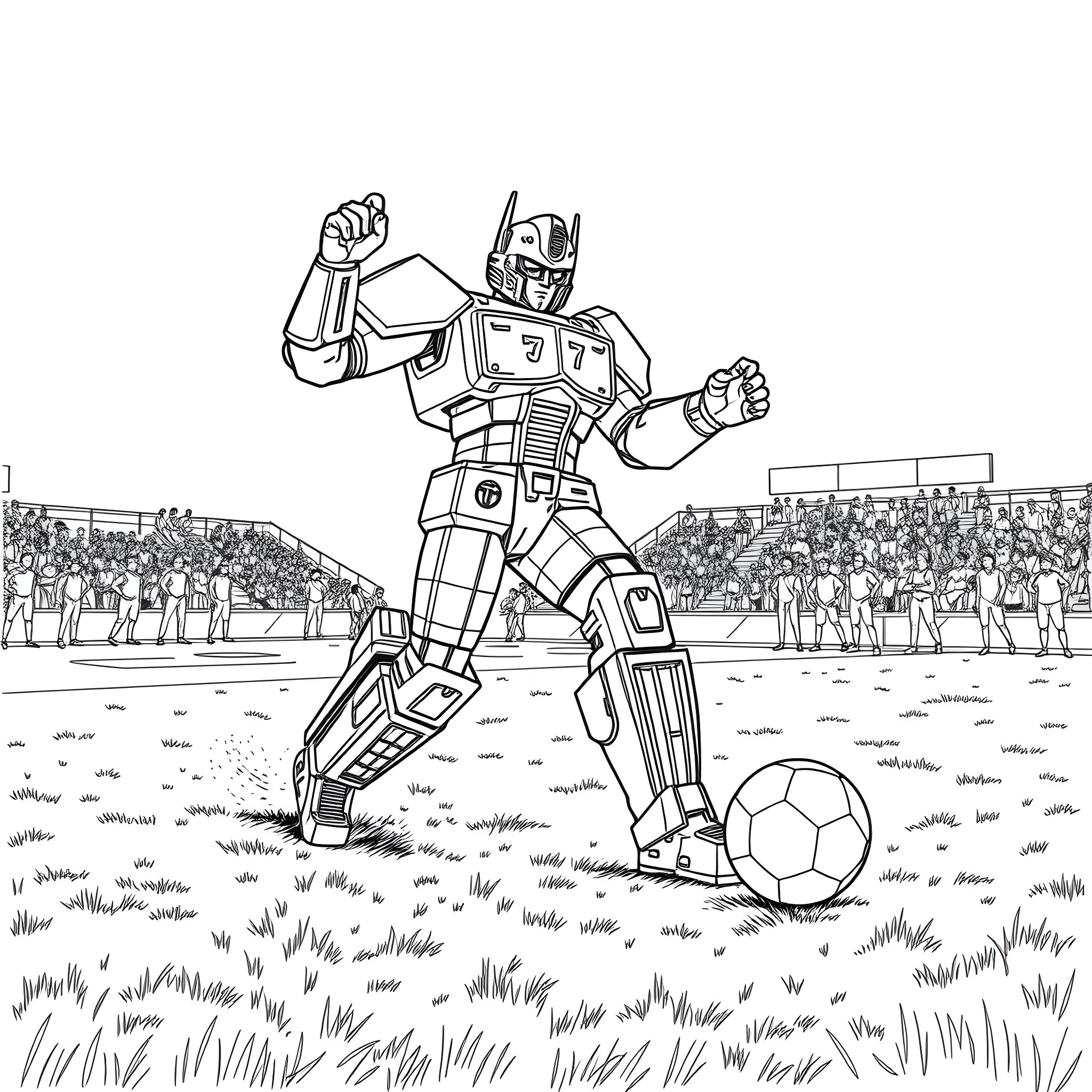 Transformer robot playing soccer on the field Coloring Page (free black-and-white line drawing printable PDF for all, from beginners to advanced learners, including children, teens, adults, and seniors)