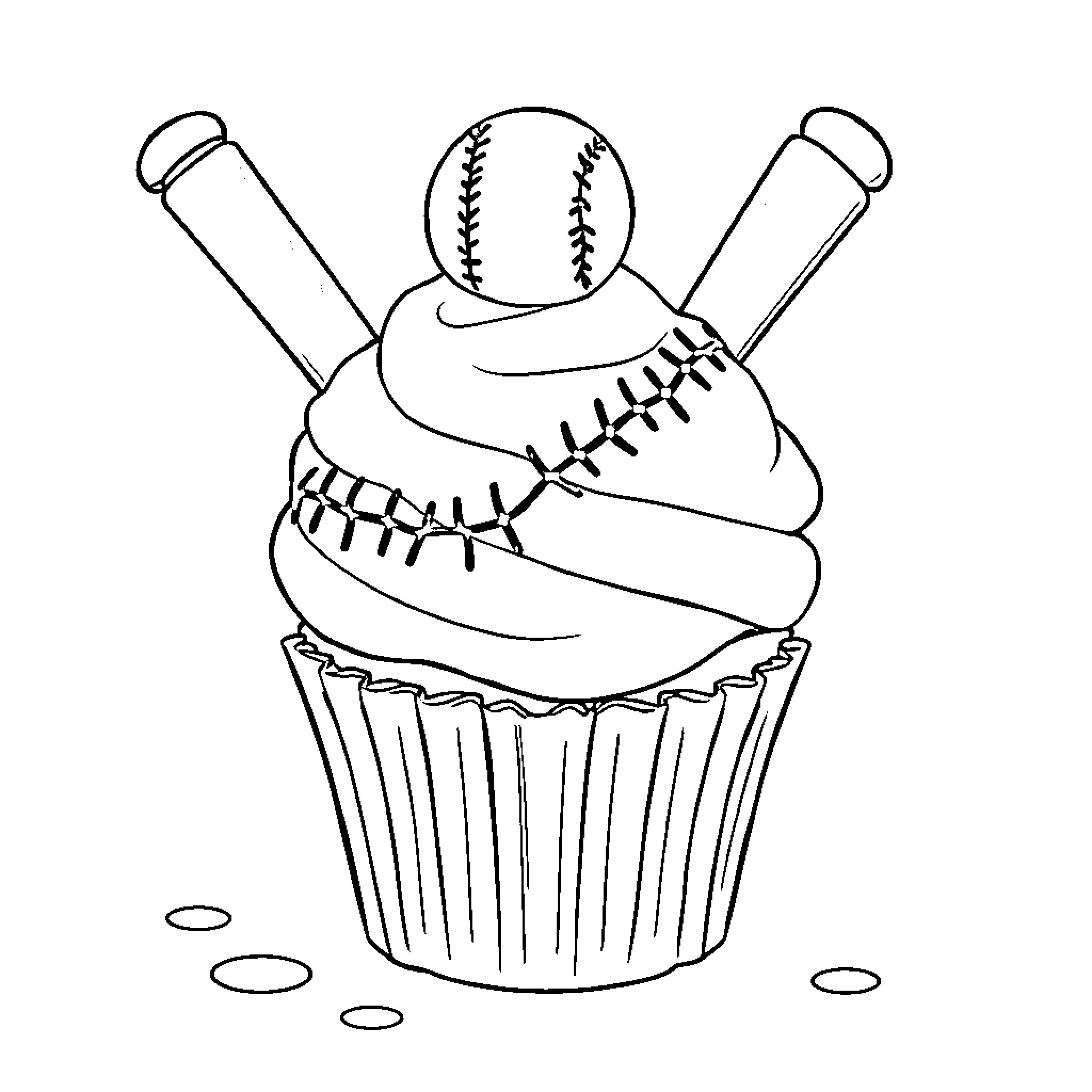 Cupcake with Baseball Decorations Coloring Page (free black-and-white line drawing printable PDF for all, from beginners to advanced learners, including children, teens, adults, and seniors)