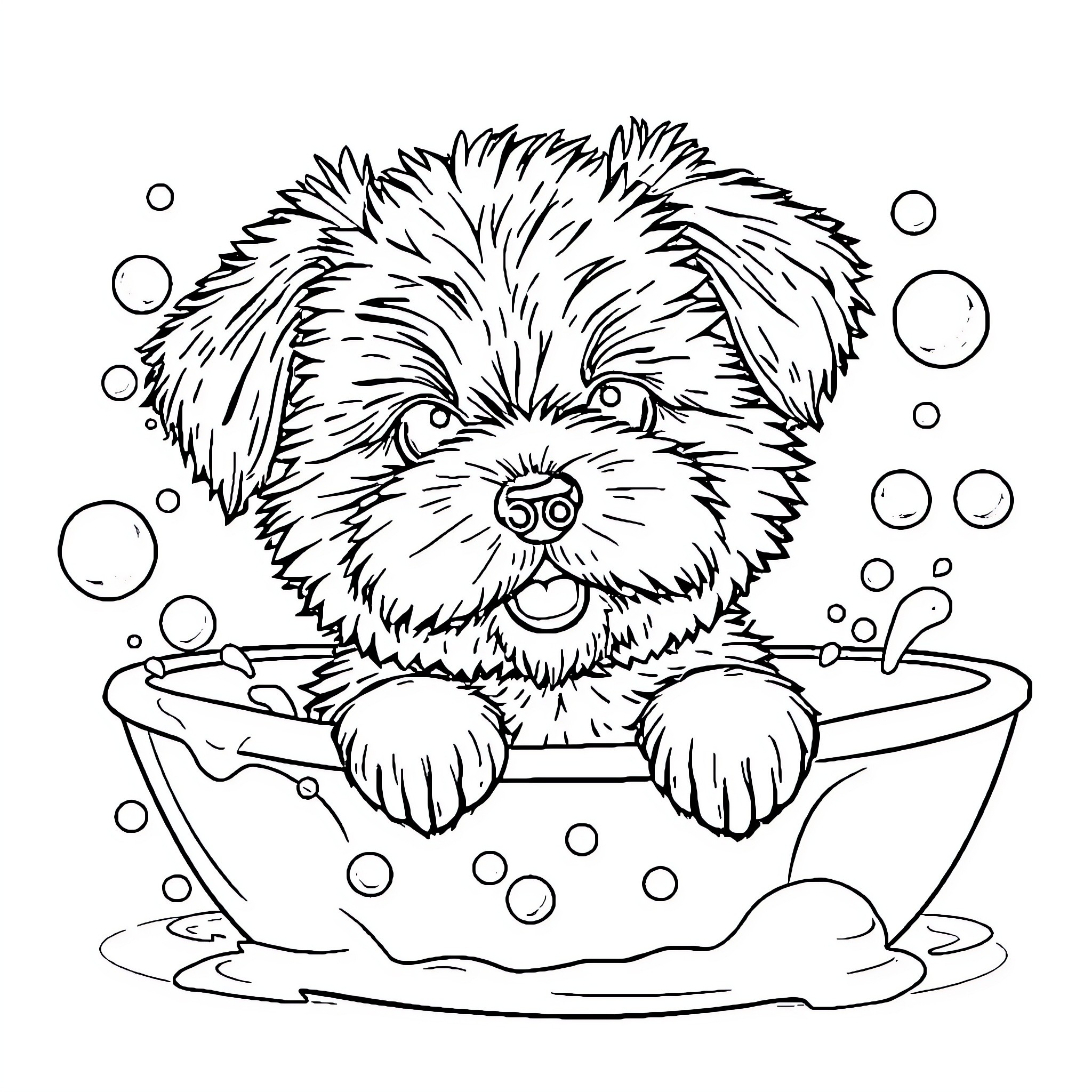 Dog playing happily in a bathtub Coloring Page (free black-and-white line drawing printable PDF for all, from beginners to advanced learners, including children, teens, adults, and seniors)
