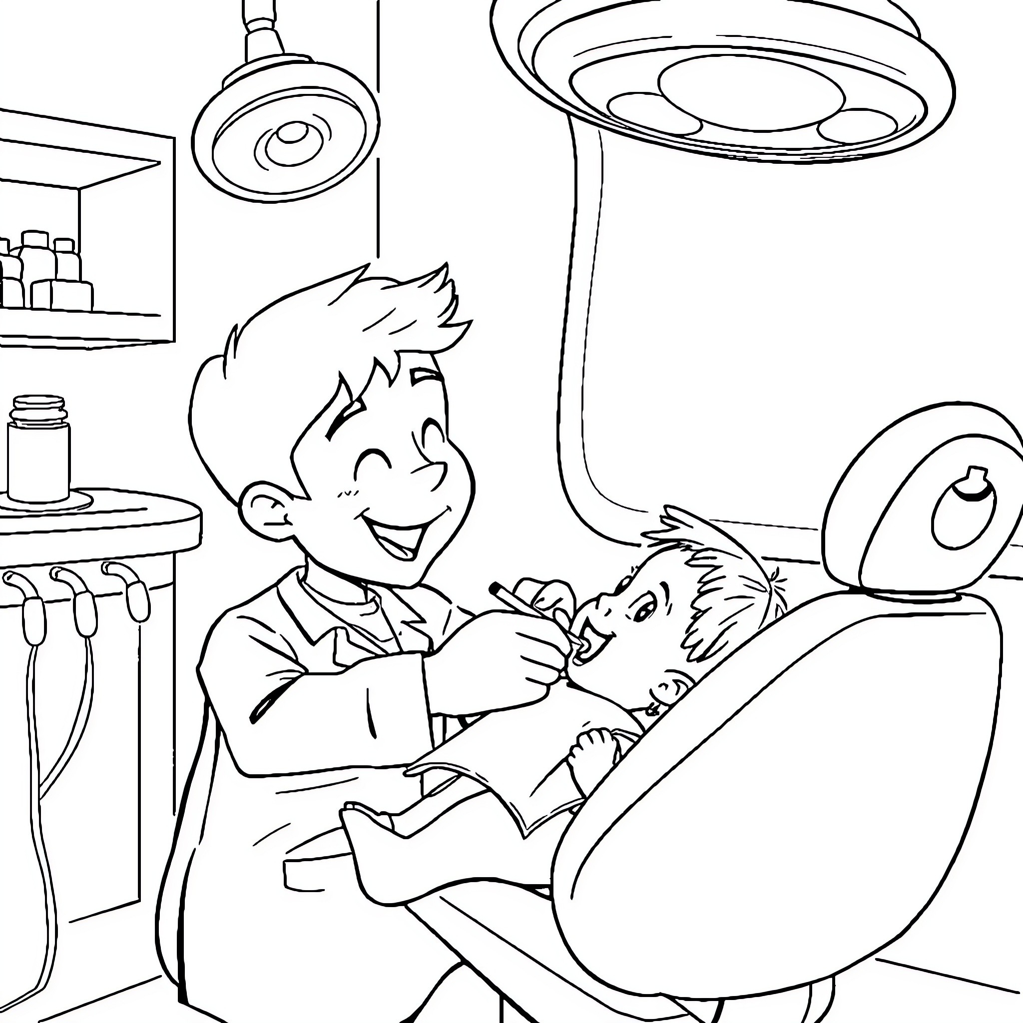 Dentist examining patient's teeth in dental clinic Coloring Page (free black-and-white line drawing printable PDF for all, from beginners to advanced learners, including children, teens, adults, and seniors)