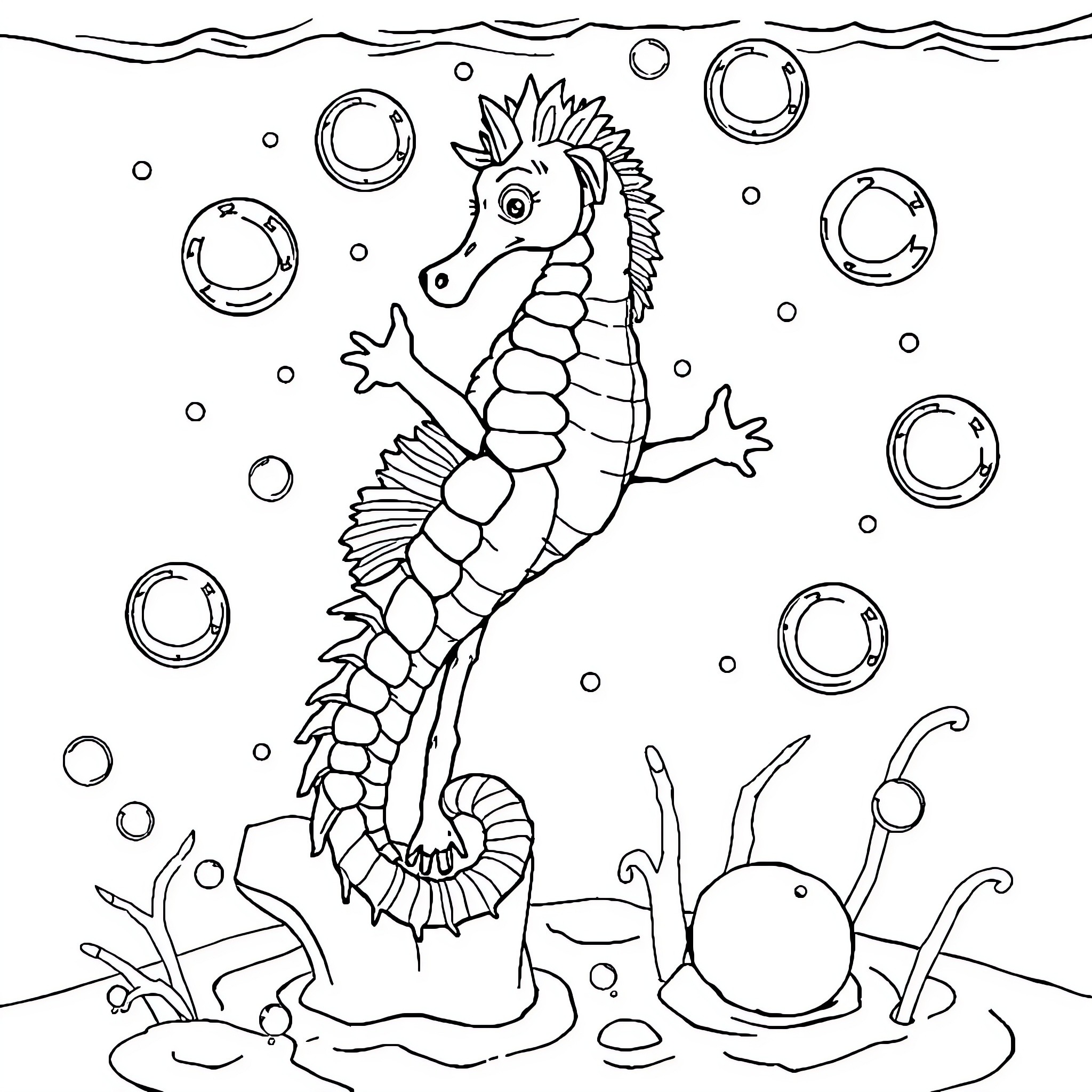 Seahorse swimming among bubbles Coloring Page (free black-and-white line drawing printable PDF for all, from beginners to advanced learners, including children, teens, adults, and seniors)