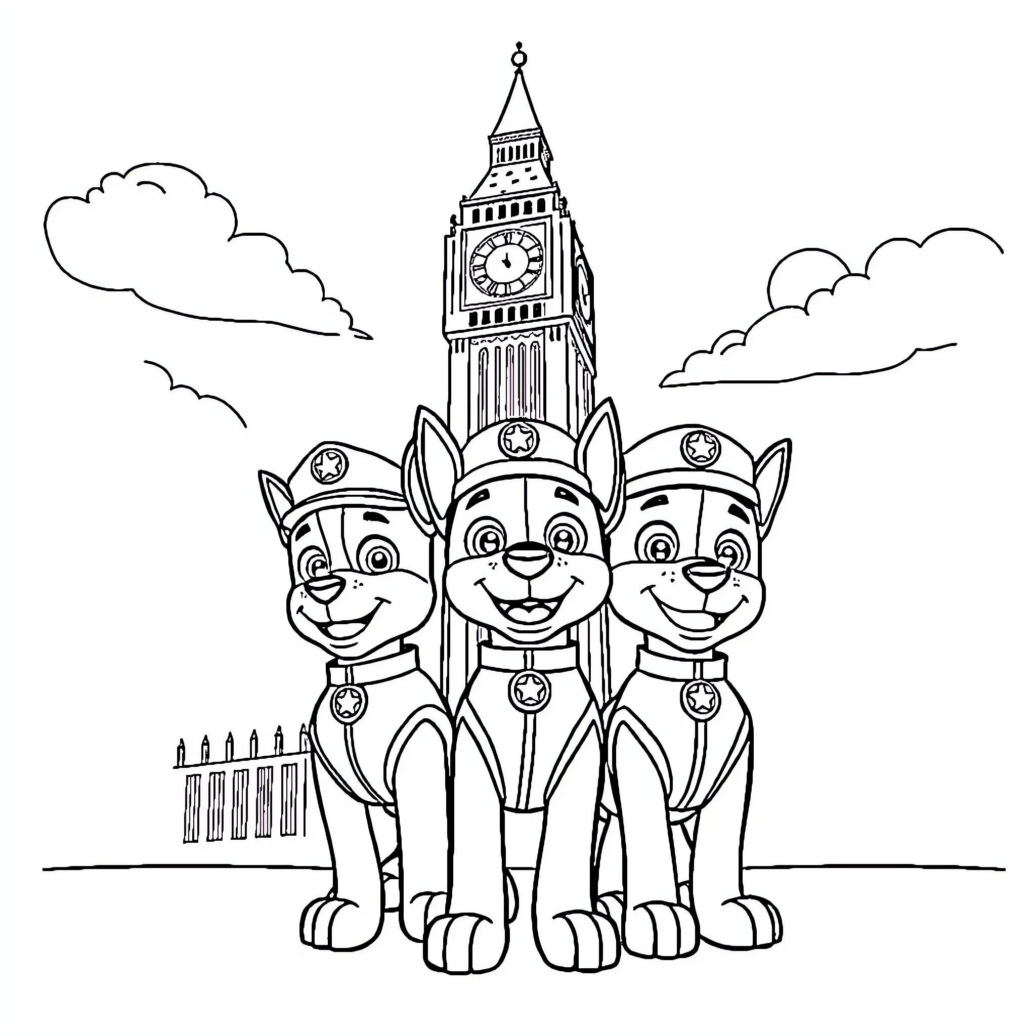 Paw Patrol team in front of Big Ben Coloring Page (free black-and-white line drawing printable PDF for all, from beginners to advanced learners, including children, teens, adults, and seniors)
