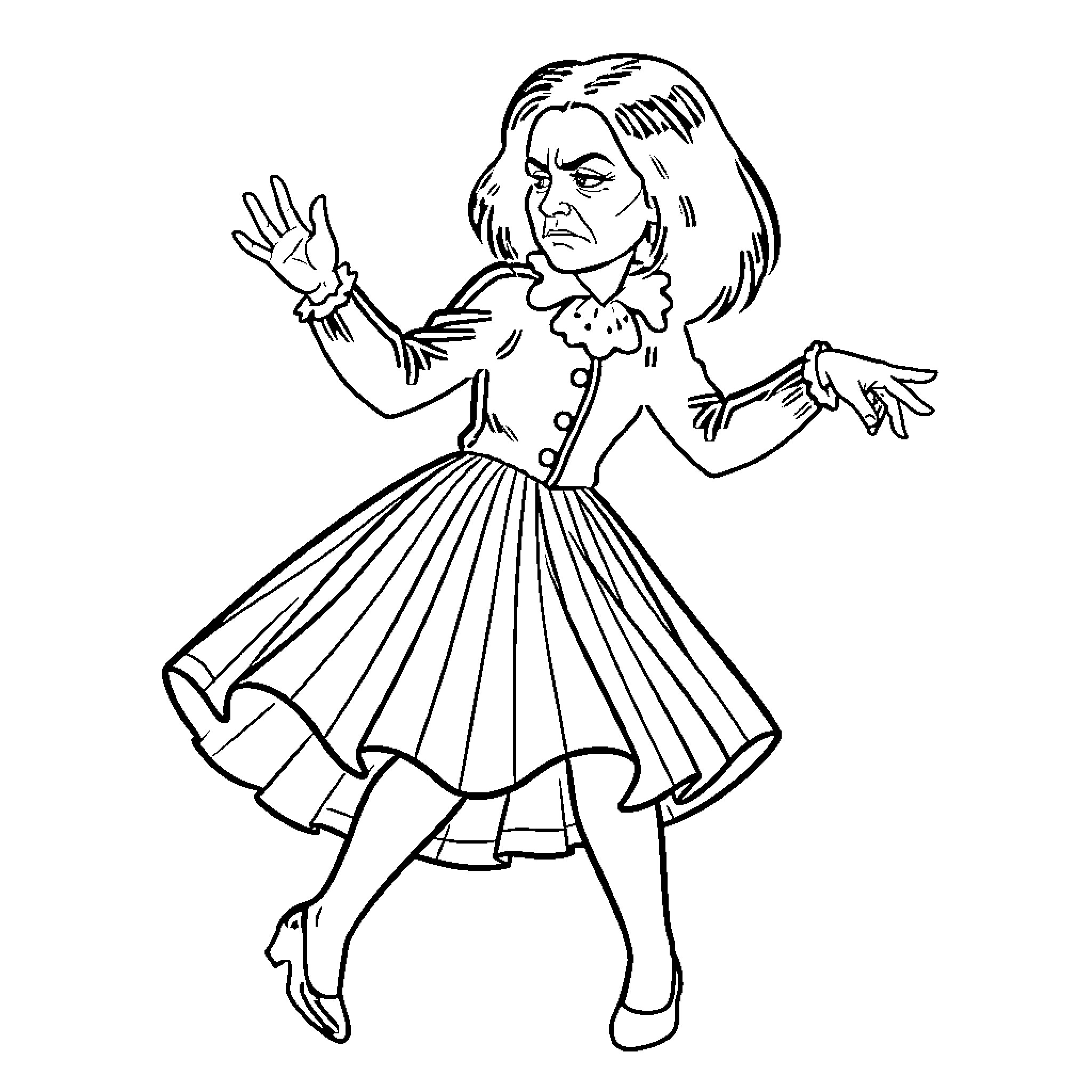 Wednesday dancing with a stern facial expression Coloring Page (free black-and-white line drawing printable PDF for all, from beginners to advanced learners, including children, teens, adults, and seniors)